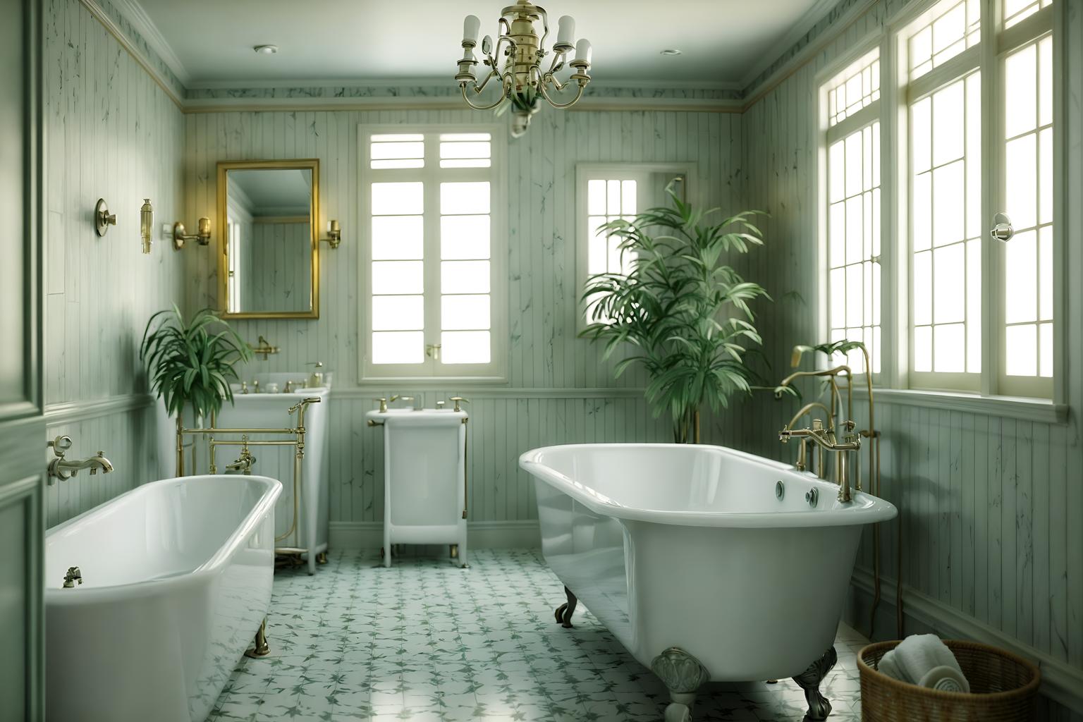 vintage-style (hotel bathroom interior) with bathtub and toilet seat and plant and shower and bathroom cabinet and bath rail and bathroom sink with faucet and waste basket. . with . . cinematic photo, highly detailed, cinematic lighting, ultra-detailed, ultrarealistic, photorealism, 8k. vintage interior design style. masterpiece, cinematic light, ultrarealistic+, photorealistic+, 8k, raw photo, realistic, sharp focus on eyes, (symmetrical eyes), (intact eyes), hyperrealistic, highest quality, best quality, , highly detailed, masterpiece, best quality, extremely detailed 8k wallpaper, masterpiece, best quality, ultra-detailed, best shadow, detailed background, detailed face, detailed eyes, high contrast, best illumination, detailed face, dulux, caustic, dynamic angle, detailed glow. dramatic lighting. highly detailed, insanely detailed hair, symmetrical, intricate details, professionally retouched, 8k high definition. strong bokeh. award winning photo.