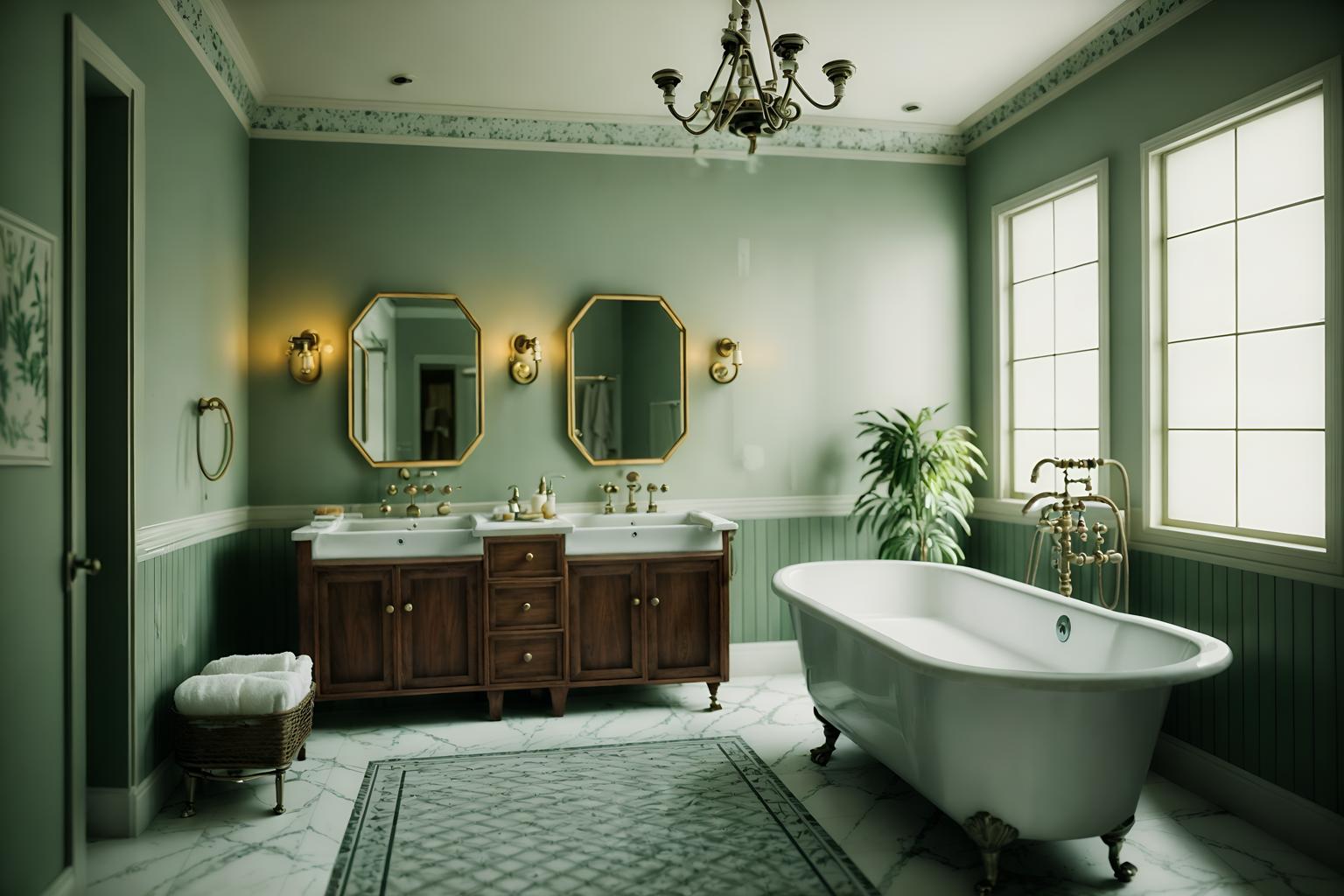 vintage-style (hotel bathroom interior) with bathtub and toilet seat and plant and shower and bathroom cabinet and bath rail and bathroom sink with faucet and waste basket. . with . . cinematic photo, highly detailed, cinematic lighting, ultra-detailed, ultrarealistic, photorealism, 8k. vintage interior design style. masterpiece, cinematic light, ultrarealistic+, photorealistic+, 8k, raw photo, realistic, sharp focus on eyes, (symmetrical eyes), (intact eyes), hyperrealistic, highest quality, best quality, , highly detailed, masterpiece, best quality, extremely detailed 8k wallpaper, masterpiece, best quality, ultra-detailed, best shadow, detailed background, detailed face, detailed eyes, high contrast, best illumination, detailed face, dulux, caustic, dynamic angle, detailed glow. dramatic lighting. highly detailed, insanely detailed hair, symmetrical, intricate details, professionally retouched, 8k high definition. strong bokeh. award winning photo.