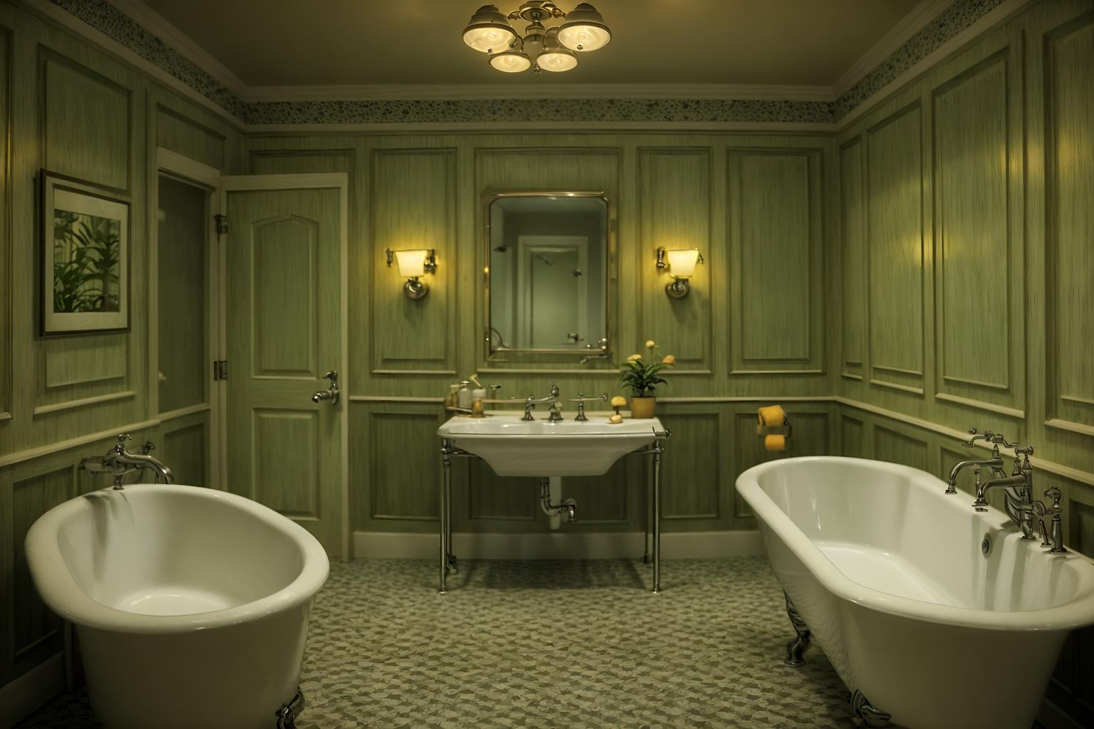 vintage-style (hotel bathroom interior) with bathtub and toilet seat and plant and shower and bathroom cabinet and bath rail and bathroom sink with faucet and waste basket. . with . . cinematic photo, highly detailed, cinematic lighting, ultra-detailed, ultrarealistic, photorealism, 8k. vintage interior design style. masterpiece, cinematic light, ultrarealistic+, photorealistic+, 8k, raw photo, realistic, sharp focus on eyes, (symmetrical eyes), (intact eyes), hyperrealistic, highest quality, best quality, , highly detailed, masterpiece, best quality, extremely detailed 8k wallpaper, masterpiece, best quality, ultra-detailed, best shadow, detailed background, detailed face, detailed eyes, high contrast, best illumination, detailed face, dulux, caustic, dynamic angle, detailed glow. dramatic lighting. highly detailed, insanely detailed hair, symmetrical, intricate details, professionally retouched, 8k high definition. strong bokeh. award winning photo.