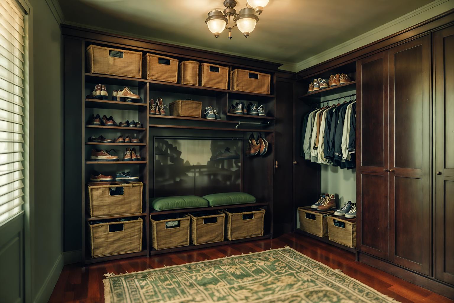 vintage-style (drop zone interior) with shelves for shoes and storage drawers and high up storage and storage baskets and a bench and cubbies and cabinets and wall hooks for coats. . with . . cinematic photo, highly detailed, cinematic lighting, ultra-detailed, ultrarealistic, photorealism, 8k. vintage interior design style. masterpiece, cinematic light, ultrarealistic+, photorealistic+, 8k, raw photo, realistic, sharp focus on eyes, (symmetrical eyes), (intact eyes), hyperrealistic, highest quality, best quality, , highly detailed, masterpiece, best quality, extremely detailed 8k wallpaper, masterpiece, best quality, ultra-detailed, best shadow, detailed background, detailed face, detailed eyes, high contrast, best illumination, detailed face, dulux, caustic, dynamic angle, detailed glow. dramatic lighting. highly detailed, insanely detailed hair, symmetrical, intricate details, professionally retouched, 8k high definition. strong bokeh. award winning photo.