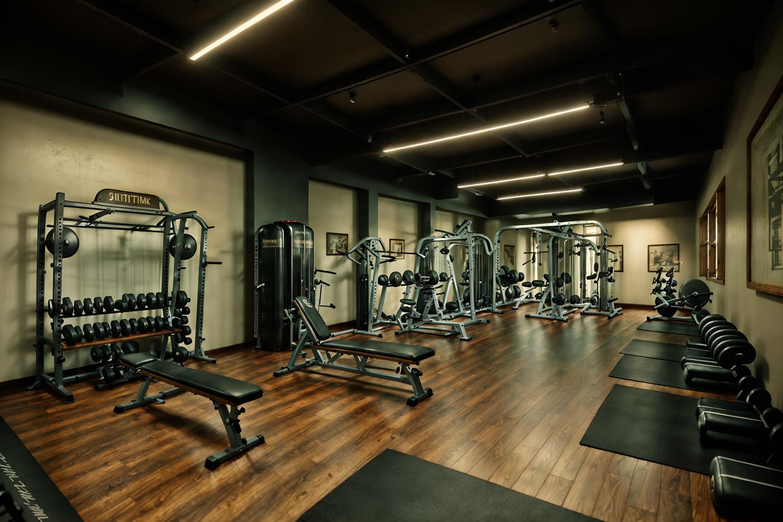 vintage-style (fitness gym interior) with dumbbell stand and exercise bicycle and squat rack and bench press and crosstrainer and dumbbell stand. . with . . cinematic photo, highly detailed, cinematic lighting, ultra-detailed, ultrarealistic, photorealism, 8k. vintage interior design style. masterpiece, cinematic light, ultrarealistic+, photorealistic+, 8k, raw photo, realistic, sharp focus on eyes, (symmetrical eyes), (intact eyes), hyperrealistic, highest quality, best quality, , highly detailed, masterpiece, best quality, extremely detailed 8k wallpaper, masterpiece, best quality, ultra-detailed, best shadow, detailed background, detailed face, detailed eyes, high contrast, best illumination, detailed face, dulux, caustic, dynamic angle, detailed glow. dramatic lighting. highly detailed, insanely detailed hair, symmetrical, intricate details, professionally retouched, 8k high definition. strong bokeh. award winning photo.