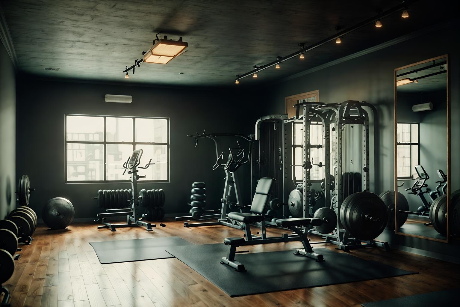 vintage-style (fitness gym interior) with dumbbell stand and exercise bicycle and squat rack and bench press and crosstrainer and dumbbell stand. . with . . cinematic photo, highly detailed, cinematic lighting, ultra-detailed, ultrarealistic, photorealism, 8k. vintage interior design style. masterpiece, cinematic light, ultrarealistic+, photorealistic+, 8k, raw photo, realistic, sharp focus on eyes, (symmetrical eyes), (intact eyes), hyperrealistic, highest quality, best quality, , highly detailed, masterpiece, best quality, extremely detailed 8k wallpaper, masterpiece, best quality, ultra-detailed, best shadow, detailed background, detailed face, detailed eyes, high contrast, best illumination, detailed face, dulux, caustic, dynamic angle, detailed glow. dramatic lighting. highly detailed, insanely detailed hair, symmetrical, intricate details, professionally retouched, 8k high definition. strong bokeh. award winning photo.