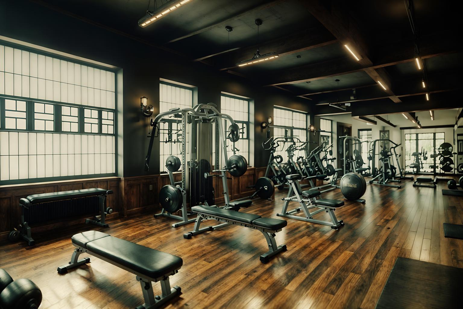 vintage-style (fitness gym interior) with dumbbell stand and exercise bicycle and squat rack and bench press and crosstrainer and dumbbell stand. . with . . cinematic photo, highly detailed, cinematic lighting, ultra-detailed, ultrarealistic, photorealism, 8k. vintage interior design style. masterpiece, cinematic light, ultrarealistic+, photorealistic+, 8k, raw photo, realistic, sharp focus on eyes, (symmetrical eyes), (intact eyes), hyperrealistic, highest quality, best quality, , highly detailed, masterpiece, best quality, extremely detailed 8k wallpaper, masterpiece, best quality, ultra-detailed, best shadow, detailed background, detailed face, detailed eyes, high contrast, best illumination, detailed face, dulux, caustic, dynamic angle, detailed glow. dramatic lighting. highly detailed, insanely detailed hair, symmetrical, intricate details, professionally retouched, 8k high definition. strong bokeh. award winning photo.