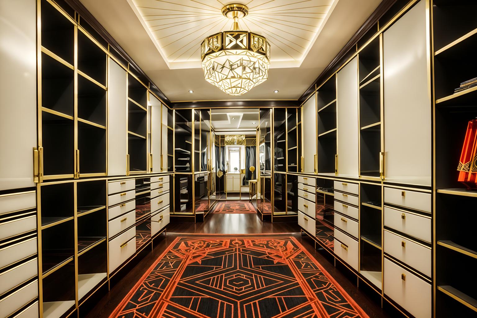 art deco-style (walk in closet interior) . with symmetrical designs and luxury and smooth lines and decadent detail and abstract patterns and stream-lined forms and angular shapes and bright and cheerful colors. . cinematic photo, highly detailed, cinematic lighting, ultra-detailed, ultrarealistic, photorealism, 8k. art deco interior design style. masterpiece, cinematic light, ultrarealistic+, photorealistic+, 8k, raw photo, realistic, sharp focus on eyes, (symmetrical eyes), (intact eyes), hyperrealistic, highest quality, best quality, , highly detailed, masterpiece, best quality, extremely detailed 8k wallpaper, masterpiece, best quality, ultra-detailed, best shadow, detailed background, detailed face, detailed eyes, high contrast, best illumination, detailed face, dulux, caustic, dynamic angle, detailed glow. dramatic lighting. highly detailed, insanely detailed hair, symmetrical, intricate details, professionally retouched, 8k high definition. strong bokeh. award winning photo.