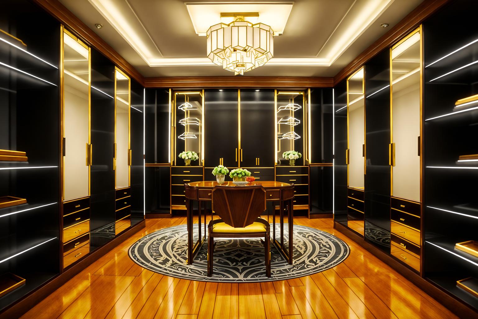art deco-style (walk in closet interior) . with symmetrical designs and luxury and smooth lines and decadent detail and abstract patterns and stream-lined forms and angular shapes and bright and cheerful colors. . cinematic photo, highly detailed, cinematic lighting, ultra-detailed, ultrarealistic, photorealism, 8k. art deco interior design style. masterpiece, cinematic light, ultrarealistic+, photorealistic+, 8k, raw photo, realistic, sharp focus on eyes, (symmetrical eyes), (intact eyes), hyperrealistic, highest quality, best quality, , highly detailed, masterpiece, best quality, extremely detailed 8k wallpaper, masterpiece, best quality, ultra-detailed, best shadow, detailed background, detailed face, detailed eyes, high contrast, best illumination, detailed face, dulux, caustic, dynamic angle, detailed glow. dramatic lighting. highly detailed, insanely detailed hair, symmetrical, intricate details, professionally retouched, 8k high definition. strong bokeh. award winning photo.