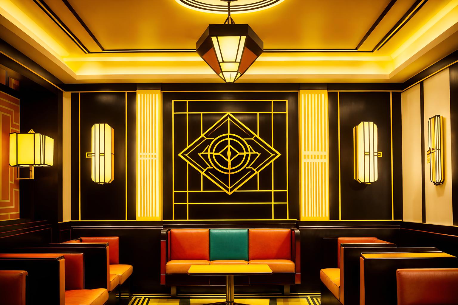 art deco-style (coffee shop interior) . with smooth lines and abstract patterns and symmetrical designs and bold geometry and bright and cheerful colors and exuberant shapes and geometric lines and angular shapes. . cinematic photo, highly detailed, cinematic lighting, ultra-detailed, ultrarealistic, photorealism, 8k. art deco interior design style. masterpiece, cinematic light, ultrarealistic+, photorealistic+, 8k, raw photo, realistic, sharp focus on eyes, (symmetrical eyes), (intact eyes), hyperrealistic, highest quality, best quality, , highly detailed, masterpiece, best quality, extremely detailed 8k wallpaper, masterpiece, best quality, ultra-detailed, best shadow, detailed background, detailed face, detailed eyes, high contrast, best illumination, detailed face, dulux, caustic, dynamic angle, detailed glow. dramatic lighting. highly detailed, insanely detailed hair, symmetrical, intricate details, professionally retouched, 8k high definition. strong bokeh. award winning photo.