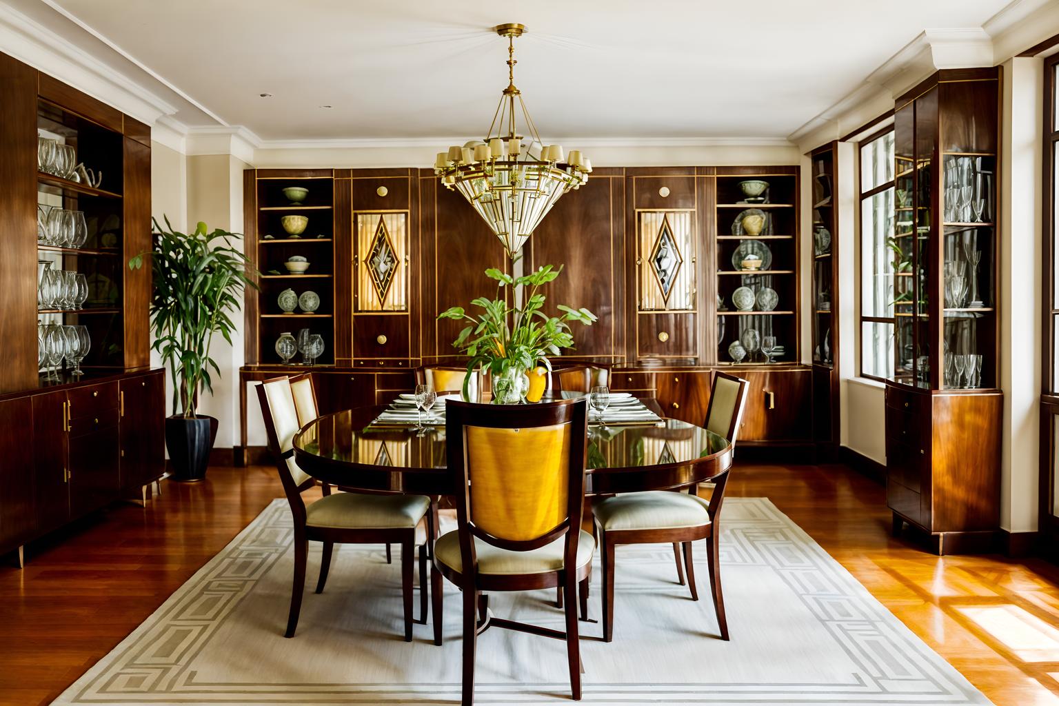 art deco-style (dining room interior) with plant and dining table and bookshelves and light or chandelier and vase and painting or photo on wall and plates, cutlery and glasses on dining table and dining table chairs. . with geometric shapes and angular shapes and symmetrical designs and stream-lined forms and decadent detail and smooth lines and bold geometry and bright and cheerful colors. . cinematic photo, highly detailed, cinematic lighting, ultra-detailed, ultrarealistic, photorealism, 8k. art deco interior design style. masterpiece, cinematic light, ultrarealistic+, photorealistic+, 8k, raw photo, realistic, sharp focus on eyes, (symmetrical eyes), (intact eyes), hyperrealistic, highest quality, best quality, , highly detailed, masterpiece, best quality, extremely detailed 8k wallpaper, masterpiece, best quality, ultra-detailed, best shadow, detailed background, detailed face, detailed eyes, high contrast, best illumination, detailed face, dulux, caustic, dynamic angle, detailed glow. dramatic lighting. highly detailed, insanely detailed hair, symmetrical, intricate details, professionally retouched, 8k high definition. strong bokeh. award winning photo.