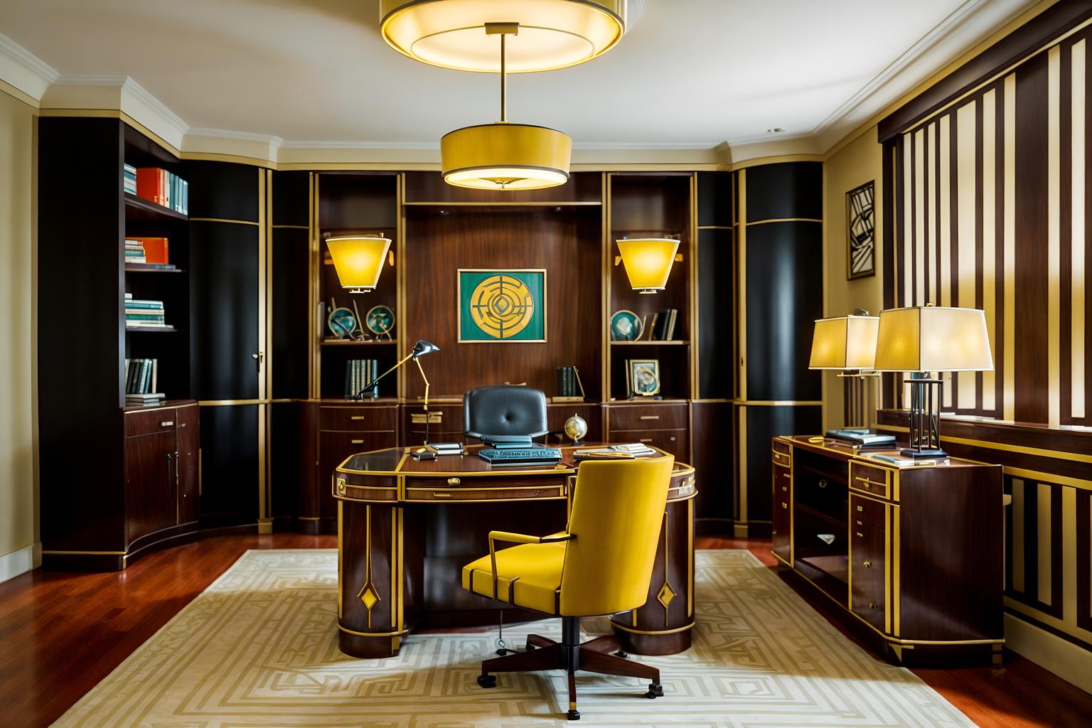 art deco-style (home office interior) with desk lamp and office chair and computer desk and plant and cabinets and desk lamp. . with bright and cheerful colors and smooth lines and angular shapes and luxury and abstract patterns and bold geometry and decadent detail and geometric lines. . cinematic photo, highly detailed, cinematic lighting, ultra-detailed, ultrarealistic, photorealism, 8k. art deco interior design style. masterpiece, cinematic light, ultrarealistic+, photorealistic+, 8k, raw photo, realistic, sharp focus on eyes, (symmetrical eyes), (intact eyes), hyperrealistic, highest quality, best quality, , highly detailed, masterpiece, best quality, extremely detailed 8k wallpaper, masterpiece, best quality, ultra-detailed, best shadow, detailed background, detailed face, detailed eyes, high contrast, best illumination, detailed face, dulux, caustic, dynamic angle, detailed glow. dramatic lighting. highly detailed, insanely detailed hair, symmetrical, intricate details, professionally retouched, 8k high definition. strong bokeh. award winning photo.