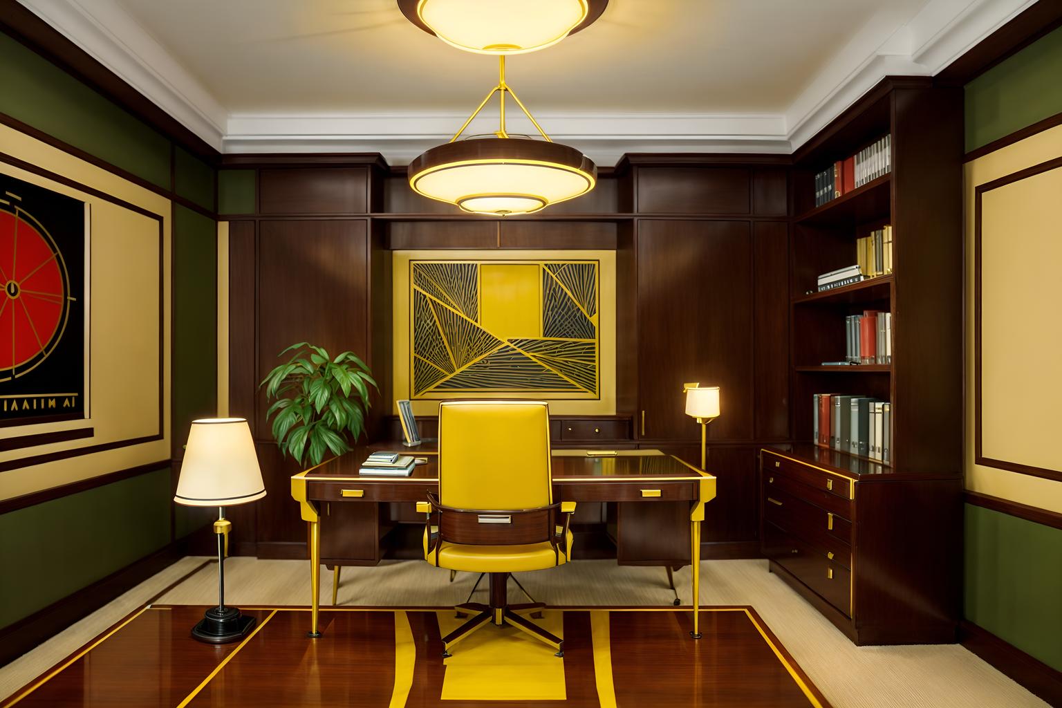 art deco-style (home office interior) with desk lamp and office chair and computer desk and plant and cabinets and desk lamp. . with bright and cheerful colors and smooth lines and angular shapes and luxury and abstract patterns and bold geometry and decadent detail and geometric lines. . cinematic photo, highly detailed, cinematic lighting, ultra-detailed, ultrarealistic, photorealism, 8k. art deco interior design style. masterpiece, cinematic light, ultrarealistic+, photorealistic+, 8k, raw photo, realistic, sharp focus on eyes, (symmetrical eyes), (intact eyes), hyperrealistic, highest quality, best quality, , highly detailed, masterpiece, best quality, extremely detailed 8k wallpaper, masterpiece, best quality, ultra-detailed, best shadow, detailed background, detailed face, detailed eyes, high contrast, best illumination, detailed face, dulux, caustic, dynamic angle, detailed glow. dramatic lighting. highly detailed, insanely detailed hair, symmetrical, intricate details, professionally retouched, 8k high definition. strong bokeh. award winning photo.