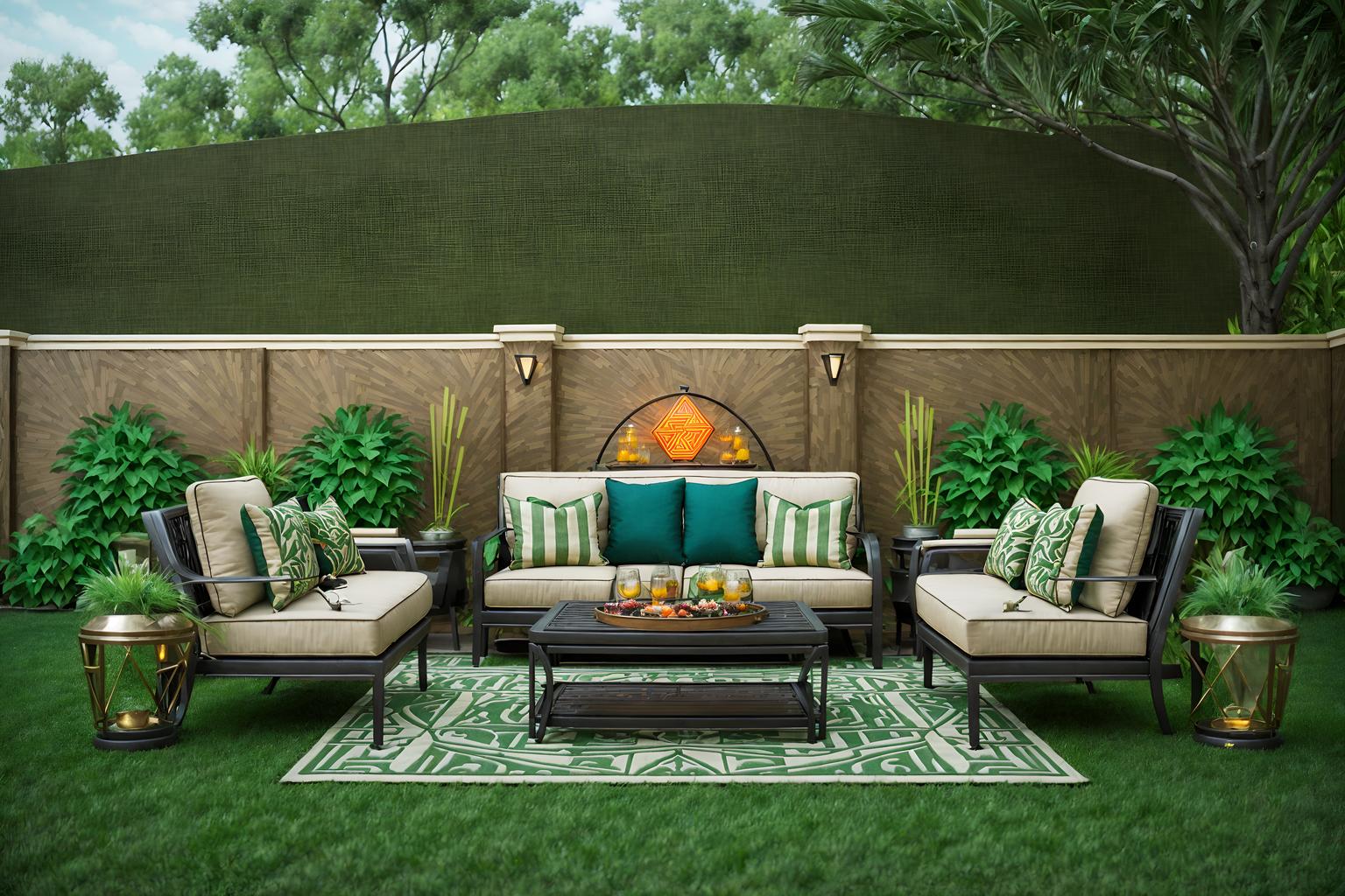 art deco-style designed (outdoor patio ) with grass and plant and patio couch with pillows and deck with deck chairs and barbeque or grill and grass. . with luxury and geometric shapes and angular shapes and decadent detail and stream-lined forms and abstract patterns and symmetrical designs and exuberant shapes. . cinematic photo, highly detailed, cinematic lighting, ultra-detailed, ultrarealistic, photorealism, 8k. art deco design style. masterpiece, cinematic light, ultrarealistic+, photorealistic+, 8k, raw photo, realistic, sharp focus on eyes, (symmetrical eyes), (intact eyes), hyperrealistic, highest quality, best quality, , highly detailed, masterpiece, best quality, extremely detailed 8k wallpaper, masterpiece, best quality, ultra-detailed, best shadow, detailed background, detailed face, detailed eyes, high contrast, best illumination, detailed face, dulux, caustic, dynamic angle, detailed glow. dramatic lighting. highly detailed, insanely detailed hair, symmetrical, intricate details, professionally retouched, 8k high definition. strong bokeh. award winning photo.