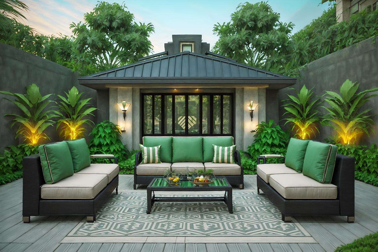 art deco-style designed (outdoor patio ) with grass and plant and patio couch with pillows and deck with deck chairs and barbeque or grill and grass. . with luxury and geometric shapes and angular shapes and decadent detail and stream-lined forms and abstract patterns and symmetrical designs and exuberant shapes. . cinematic photo, highly detailed, cinematic lighting, ultra-detailed, ultrarealistic, photorealism, 8k. art deco design style. masterpiece, cinematic light, ultrarealistic+, photorealistic+, 8k, raw photo, realistic, sharp focus on eyes, (symmetrical eyes), (intact eyes), hyperrealistic, highest quality, best quality, , highly detailed, masterpiece, best quality, extremely detailed 8k wallpaper, masterpiece, best quality, ultra-detailed, best shadow, detailed background, detailed face, detailed eyes, high contrast, best illumination, detailed face, dulux, caustic, dynamic angle, detailed glow. dramatic lighting. highly detailed, insanely detailed hair, symmetrical, intricate details, professionally retouched, 8k high definition. strong bokeh. award winning photo.