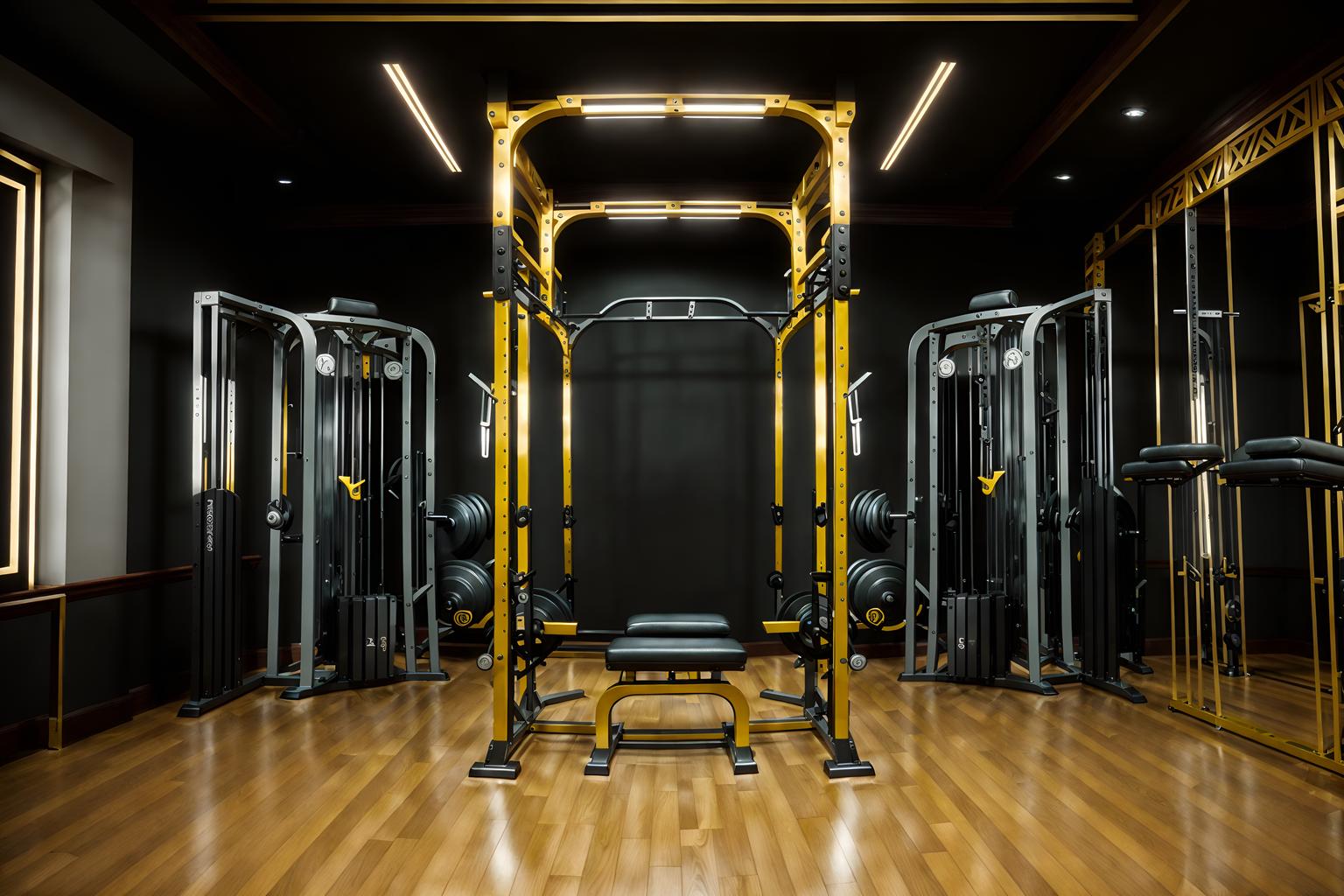 art deco-style (fitness gym interior) with squat rack and crosstrainer and dumbbell stand and bench press and exercise bicycle and squat rack. . with decadent detail and glamour and stream-lined forms and smooth lines and bold geometry and luxury and geometric lines and angular shapes. . cinematic photo, highly detailed, cinematic lighting, ultra-detailed, ultrarealistic, photorealism, 8k. art deco interior design style. masterpiece, cinematic light, ultrarealistic+, photorealistic+, 8k, raw photo, realistic, sharp focus on eyes, (symmetrical eyes), (intact eyes), hyperrealistic, highest quality, best quality, , highly detailed, masterpiece, best quality, extremely detailed 8k wallpaper, masterpiece, best quality, ultra-detailed, best shadow, detailed background, detailed face, detailed eyes, high contrast, best illumination, detailed face, dulux, caustic, dynamic angle, detailed glow. dramatic lighting. highly detailed, insanely detailed hair, symmetrical, intricate details, professionally retouched, 8k high definition. strong bokeh. award winning photo.