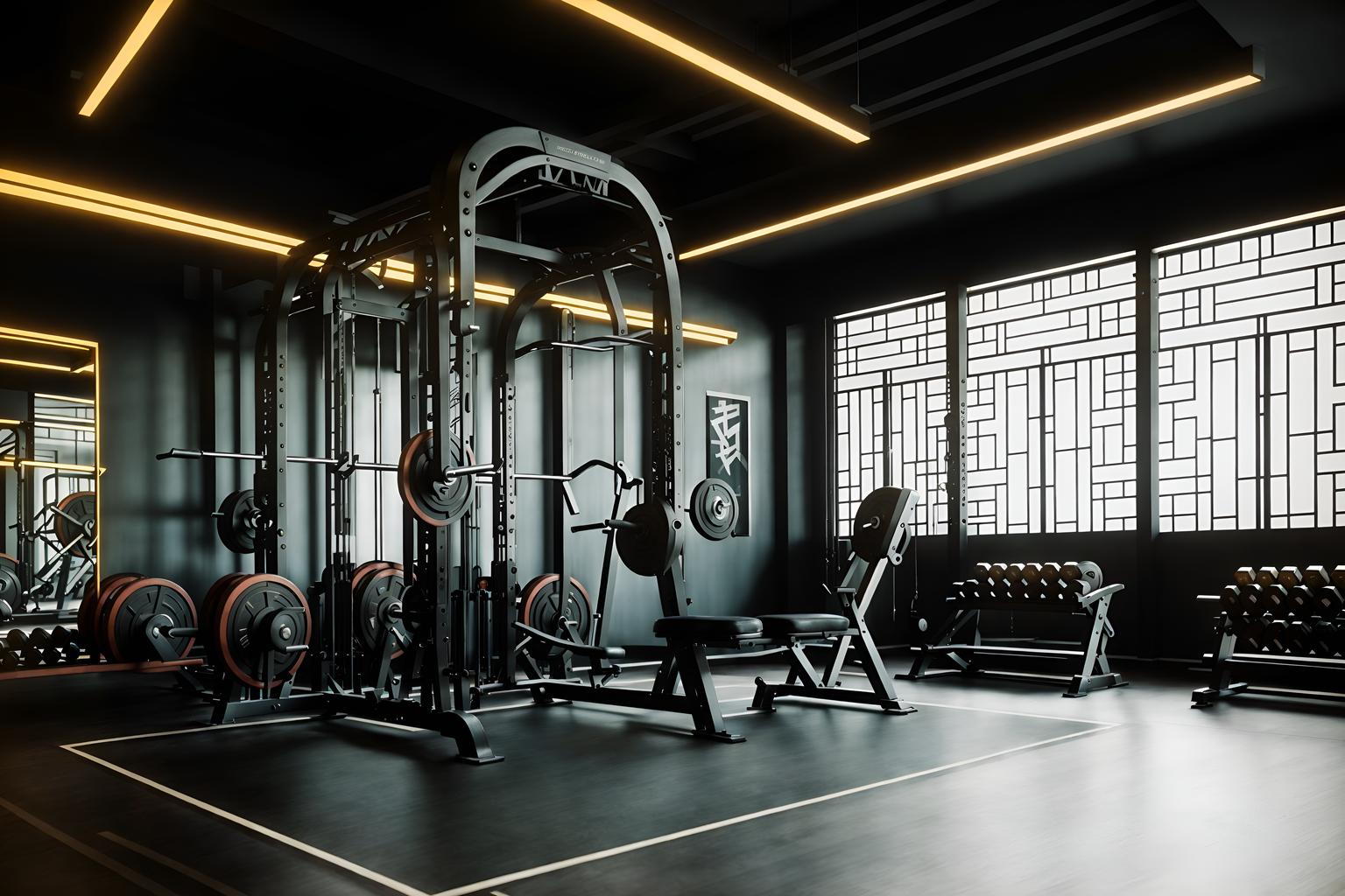 art deco-style (fitness gym interior) with squat rack and crosstrainer and dumbbell stand and bench press and exercise bicycle and squat rack. . with decadent detail and glamour and stream-lined forms and smooth lines and bold geometry and luxury and geometric lines and angular shapes. . cinematic photo, highly detailed, cinematic lighting, ultra-detailed, ultrarealistic, photorealism, 8k. art deco interior design style. masterpiece, cinematic light, ultrarealistic+, photorealistic+, 8k, raw photo, realistic, sharp focus on eyes, (symmetrical eyes), (intact eyes), hyperrealistic, highest quality, best quality, , highly detailed, masterpiece, best quality, extremely detailed 8k wallpaper, masterpiece, best quality, ultra-detailed, best shadow, detailed background, detailed face, detailed eyes, high contrast, best illumination, detailed face, dulux, caustic, dynamic angle, detailed glow. dramatic lighting. highly detailed, insanely detailed hair, symmetrical, intricate details, professionally retouched, 8k high definition. strong bokeh. award winning photo.