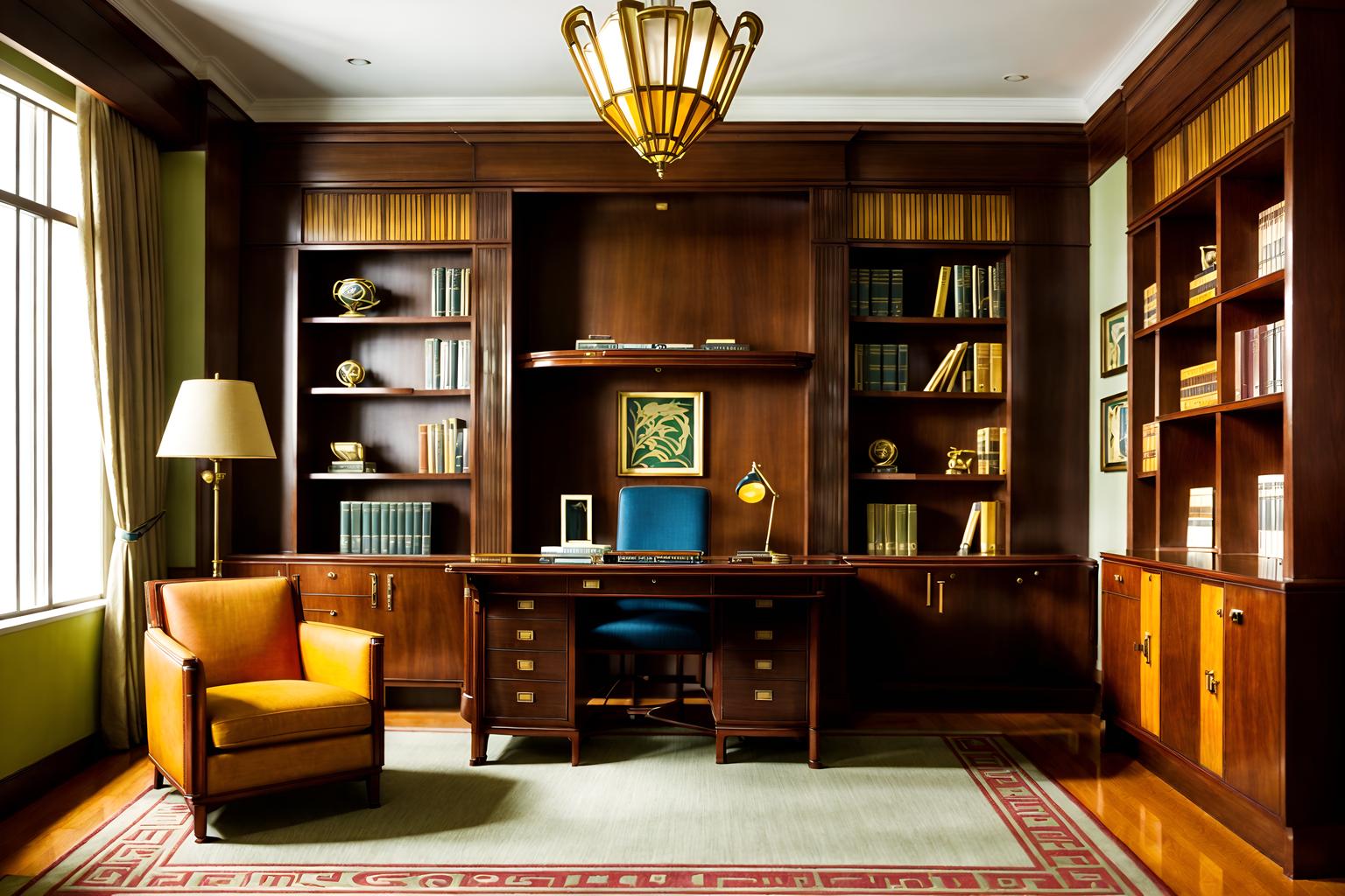 art deco-style (study room interior) with writing desk and cabinets and bookshelves and lounge chair and plant and office chair and desk lamp and writing desk. . with decadent detail and smooth lines and bright and cheerful colors and rich colors and symmetrical designs and stream-lined forms and bold geometry and angular shapes. . cinematic photo, highly detailed, cinematic lighting, ultra-detailed, ultrarealistic, photorealism, 8k. art deco interior design style. masterpiece, cinematic light, ultrarealistic+, photorealistic+, 8k, raw photo, realistic, sharp focus on eyes, (symmetrical eyes), (intact eyes), hyperrealistic, highest quality, best quality, , highly detailed, masterpiece, best quality, extremely detailed 8k wallpaper, masterpiece, best quality, ultra-detailed, best shadow, detailed background, detailed face, detailed eyes, high contrast, best illumination, detailed face, dulux, caustic, dynamic angle, detailed glow. dramatic lighting. highly detailed, insanely detailed hair, symmetrical, intricate details, professionally retouched, 8k high definition. strong bokeh. award winning photo.