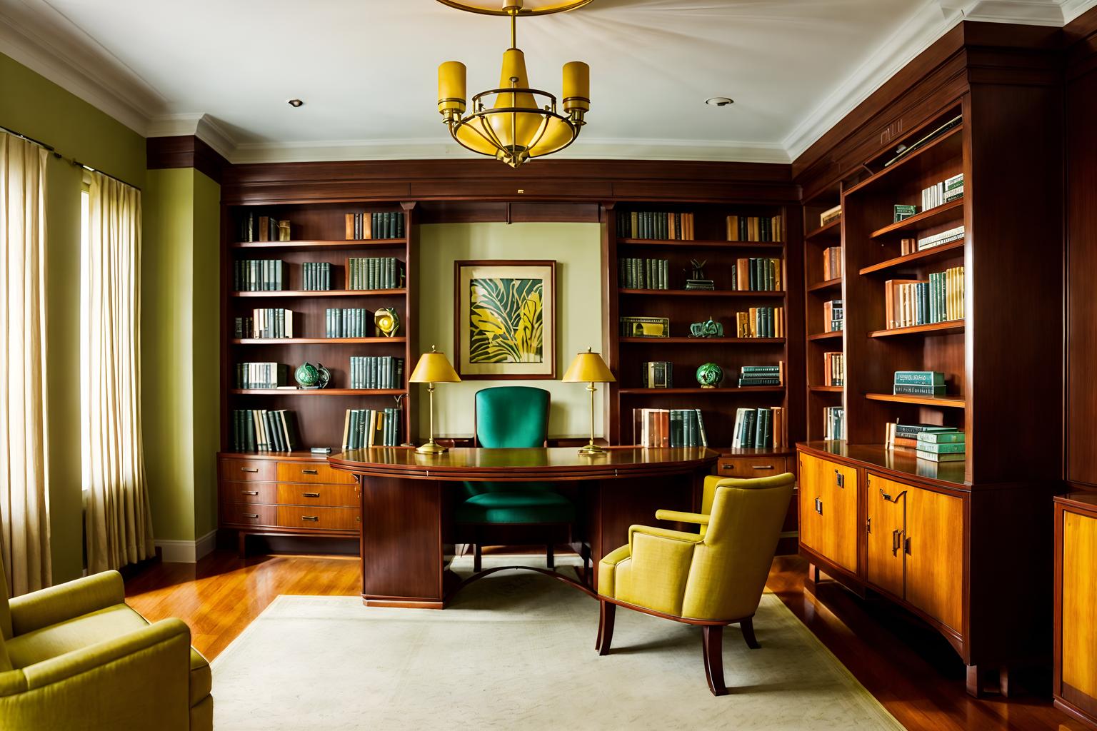 art deco-style (study room interior) with writing desk and cabinets and bookshelves and lounge chair and plant and office chair and desk lamp and writing desk. . with decadent detail and smooth lines and bright and cheerful colors and rich colors and symmetrical designs and stream-lined forms and bold geometry and angular shapes. . cinematic photo, highly detailed, cinematic lighting, ultra-detailed, ultrarealistic, photorealism, 8k. art deco interior design style. masterpiece, cinematic light, ultrarealistic+, photorealistic+, 8k, raw photo, realistic, sharp focus on eyes, (symmetrical eyes), (intact eyes), hyperrealistic, highest quality, best quality, , highly detailed, masterpiece, best quality, extremely detailed 8k wallpaper, masterpiece, best quality, ultra-detailed, best shadow, detailed background, detailed face, detailed eyes, high contrast, best illumination, detailed face, dulux, caustic, dynamic angle, detailed glow. dramatic lighting. highly detailed, insanely detailed hair, symmetrical, intricate details, professionally retouched, 8k high definition. strong bokeh. award winning photo.