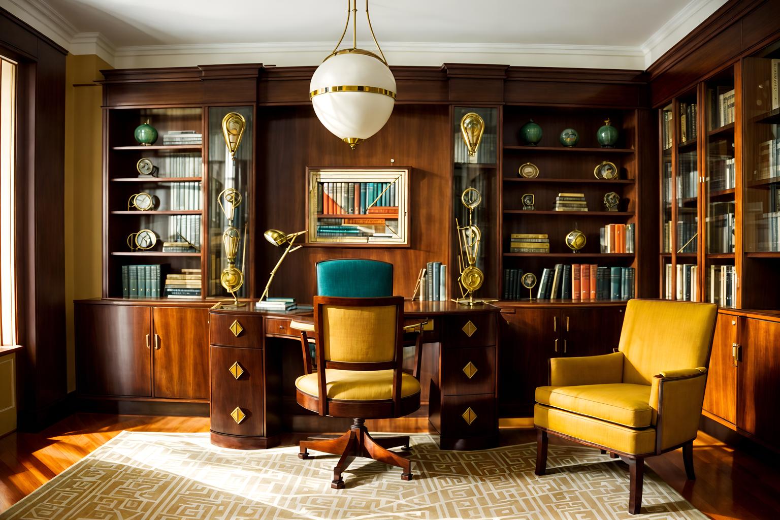 art deco-style (study room interior) with writing desk and cabinets and bookshelves and lounge chair and plant and office chair and desk lamp and writing desk. . with decadent detail and smooth lines and bright and cheerful colors and rich colors and symmetrical designs and stream-lined forms and bold geometry and angular shapes. . cinematic photo, highly detailed, cinematic lighting, ultra-detailed, ultrarealistic, photorealism, 8k. art deco interior design style. masterpiece, cinematic light, ultrarealistic+, photorealistic+, 8k, raw photo, realistic, sharp focus on eyes, (symmetrical eyes), (intact eyes), hyperrealistic, highest quality, best quality, , highly detailed, masterpiece, best quality, extremely detailed 8k wallpaper, masterpiece, best quality, ultra-detailed, best shadow, detailed background, detailed face, detailed eyes, high contrast, best illumination, detailed face, dulux, caustic, dynamic angle, detailed glow. dramatic lighting. highly detailed, insanely detailed hair, symmetrical, intricate details, professionally retouched, 8k high definition. strong bokeh. award winning photo.