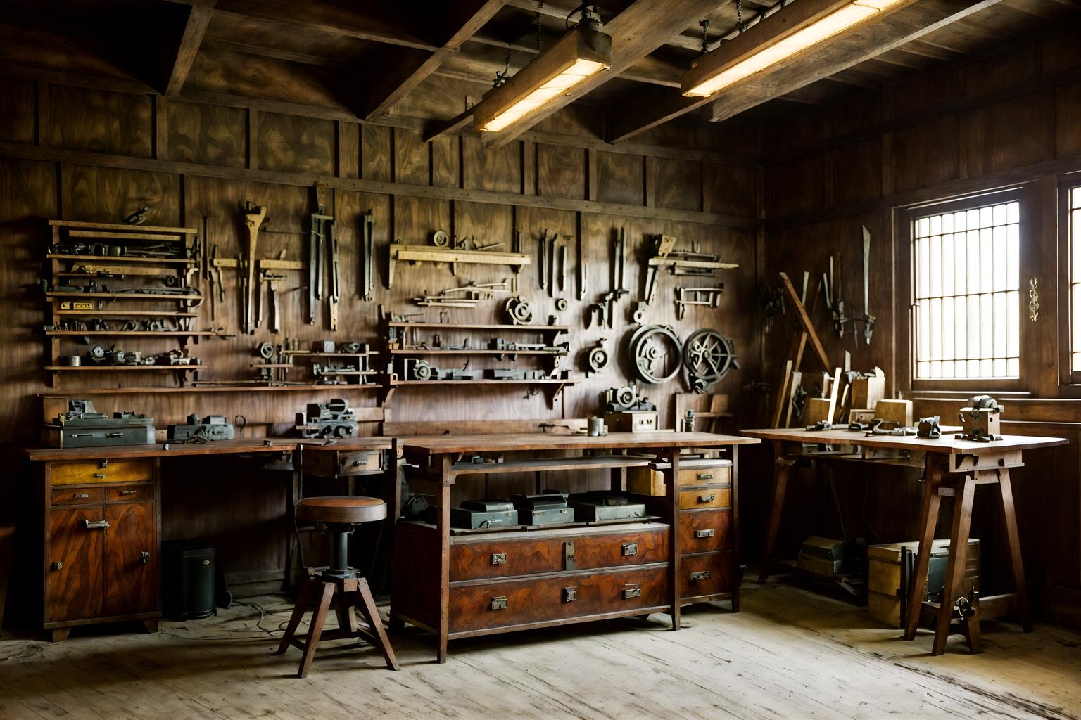 art deco-style (workshop interior) with wooden workbench and messy and tool wall and wooden workbench. . with smooth lines and decadent detail and angular shapes and luxury and exuberant shapes and glamour and stream-lined forms and symmetrical designs. . cinematic photo, highly detailed, cinematic lighting, ultra-detailed, ultrarealistic, photorealism, 8k. art deco interior design style. masterpiece, cinematic light, ultrarealistic+, photorealistic+, 8k, raw photo, realistic, sharp focus on eyes, (symmetrical eyes), (intact eyes), hyperrealistic, highest quality, best quality, , highly detailed, masterpiece, best quality, extremely detailed 8k wallpaper, masterpiece, best quality, ultra-detailed, best shadow, detailed background, detailed face, detailed eyes, high contrast, best illumination, detailed face, dulux, caustic, dynamic angle, detailed glow. dramatic lighting. highly detailed, insanely detailed hair, symmetrical, intricate details, professionally retouched, 8k high definition. strong bokeh. award winning photo.