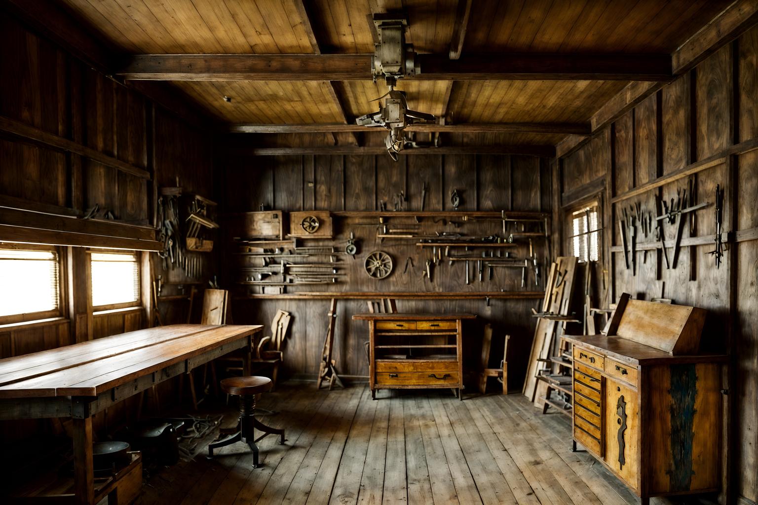 art deco-style (workshop interior) with wooden workbench and messy and tool wall and wooden workbench. . with smooth lines and decadent detail and angular shapes and luxury and exuberant shapes and glamour and stream-lined forms and symmetrical designs. . cinematic photo, highly detailed, cinematic lighting, ultra-detailed, ultrarealistic, photorealism, 8k. art deco interior design style. masterpiece, cinematic light, ultrarealistic+, photorealistic+, 8k, raw photo, realistic, sharp focus on eyes, (symmetrical eyes), (intact eyes), hyperrealistic, highest quality, best quality, , highly detailed, masterpiece, best quality, extremely detailed 8k wallpaper, masterpiece, best quality, ultra-detailed, best shadow, detailed background, detailed face, detailed eyes, high contrast, best illumination, detailed face, dulux, caustic, dynamic angle, detailed glow. dramatic lighting. highly detailed, insanely detailed hair, symmetrical, intricate details, professionally retouched, 8k high definition. strong bokeh. award winning photo.