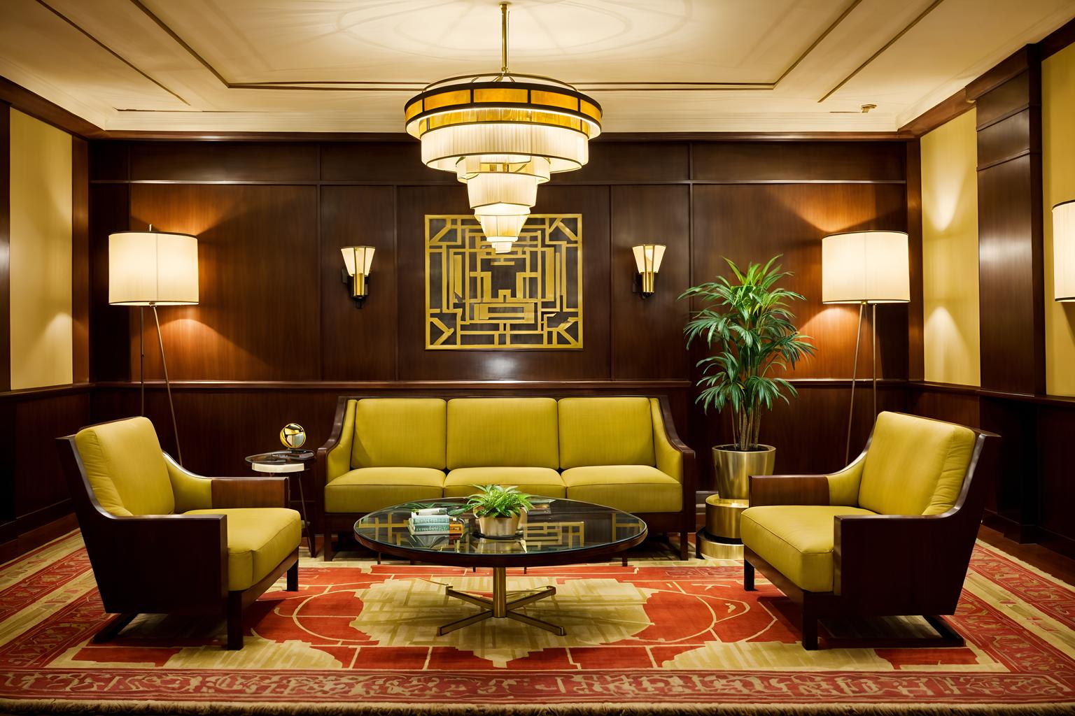 art deco-style (hotel lobby interior) with sofas and rug and lounge chairs and check in desk and plant and hanging lamps and coffee tables and furniture. . with stream-lined forms and bright and cheerful colors and abstract patterns and luxury and angular shapes and rich colors and smooth lines and symmetrical designs. . cinematic photo, highly detailed, cinematic lighting, ultra-detailed, ultrarealistic, photorealism, 8k. art deco interior design style. masterpiece, cinematic light, ultrarealistic+, photorealistic+, 8k, raw photo, realistic, sharp focus on eyes, (symmetrical eyes), (intact eyes), hyperrealistic, highest quality, best quality, , highly detailed, masterpiece, best quality, extremely detailed 8k wallpaper, masterpiece, best quality, ultra-detailed, best shadow, detailed background, detailed face, detailed eyes, high contrast, best illumination, detailed face, dulux, caustic, dynamic angle, detailed glow. dramatic lighting. highly detailed, insanely detailed hair, symmetrical, intricate details, professionally retouched, 8k high definition. strong bokeh. award winning photo.