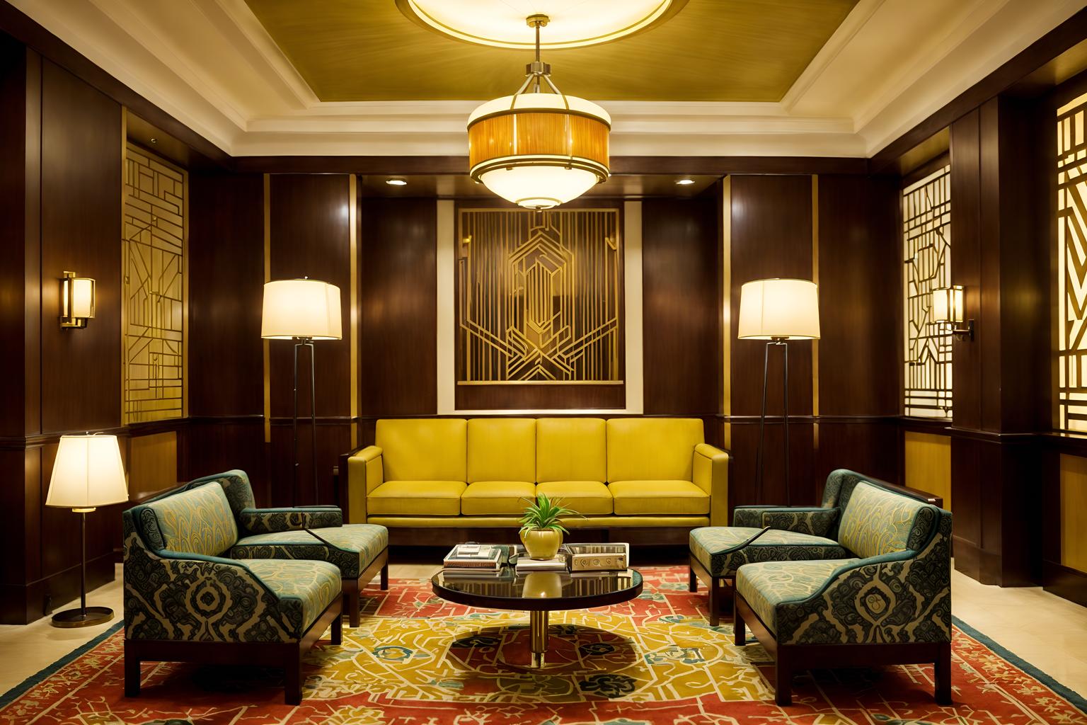 art deco-style (hotel lobby interior) with sofas and rug and lounge chairs and check in desk and plant and hanging lamps and coffee tables and furniture. . with stream-lined forms and bright and cheerful colors and abstract patterns and luxury and angular shapes and rich colors and smooth lines and symmetrical designs. . cinematic photo, highly detailed, cinematic lighting, ultra-detailed, ultrarealistic, photorealism, 8k. art deco interior design style. masterpiece, cinematic light, ultrarealistic+, photorealistic+, 8k, raw photo, realistic, sharp focus on eyes, (symmetrical eyes), (intact eyes), hyperrealistic, highest quality, best quality, , highly detailed, masterpiece, best quality, extremely detailed 8k wallpaper, masterpiece, best quality, ultra-detailed, best shadow, detailed background, detailed face, detailed eyes, high contrast, best illumination, detailed face, dulux, caustic, dynamic angle, detailed glow. dramatic lighting. highly detailed, insanely detailed hair, symmetrical, intricate details, professionally retouched, 8k high definition. strong bokeh. award winning photo.