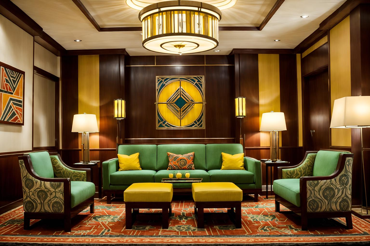 art deco-style (hotel lobby interior) with sofas and rug and lounge chairs and check in desk and plant and hanging lamps and coffee tables and furniture. . with stream-lined forms and bright and cheerful colors and abstract patterns and luxury and angular shapes and rich colors and smooth lines and symmetrical designs. . cinematic photo, highly detailed, cinematic lighting, ultra-detailed, ultrarealistic, photorealism, 8k. art deco interior design style. masterpiece, cinematic light, ultrarealistic+, photorealistic+, 8k, raw photo, realistic, sharp focus on eyes, (symmetrical eyes), (intact eyes), hyperrealistic, highest quality, best quality, , highly detailed, masterpiece, best quality, extremely detailed 8k wallpaper, masterpiece, best quality, ultra-detailed, best shadow, detailed background, detailed face, detailed eyes, high contrast, best illumination, detailed face, dulux, caustic, dynamic angle, detailed glow. dramatic lighting. highly detailed, insanely detailed hair, symmetrical, intricate details, professionally retouched, 8k high definition. strong bokeh. award winning photo.