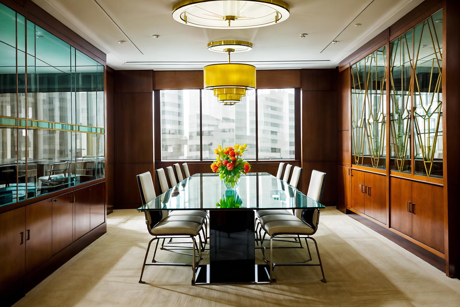 art deco-style (meeting room interior) with glass doors and glass walls and cabinets and vase and boardroom table and plant and office chairs and painting or photo on wall. . with stream-lined forms and exuberant shapes and geometric shapes and abstract patterns and bright and cheerful colors and angular shapes and rich colors and glamour. . cinematic photo, highly detailed, cinematic lighting, ultra-detailed, ultrarealistic, photorealism, 8k. art deco interior design style. masterpiece, cinematic light, ultrarealistic+, photorealistic+, 8k, raw photo, realistic, sharp focus on eyes, (symmetrical eyes), (intact eyes), hyperrealistic, highest quality, best quality, , highly detailed, masterpiece, best quality, extremely detailed 8k wallpaper, masterpiece, best quality, ultra-detailed, best shadow, detailed background, detailed face, detailed eyes, high contrast, best illumination, detailed face, dulux, caustic, dynamic angle, detailed glow. dramatic lighting. highly detailed, insanely detailed hair, symmetrical, intricate details, professionally retouched, 8k high definition. strong bokeh. award winning photo.