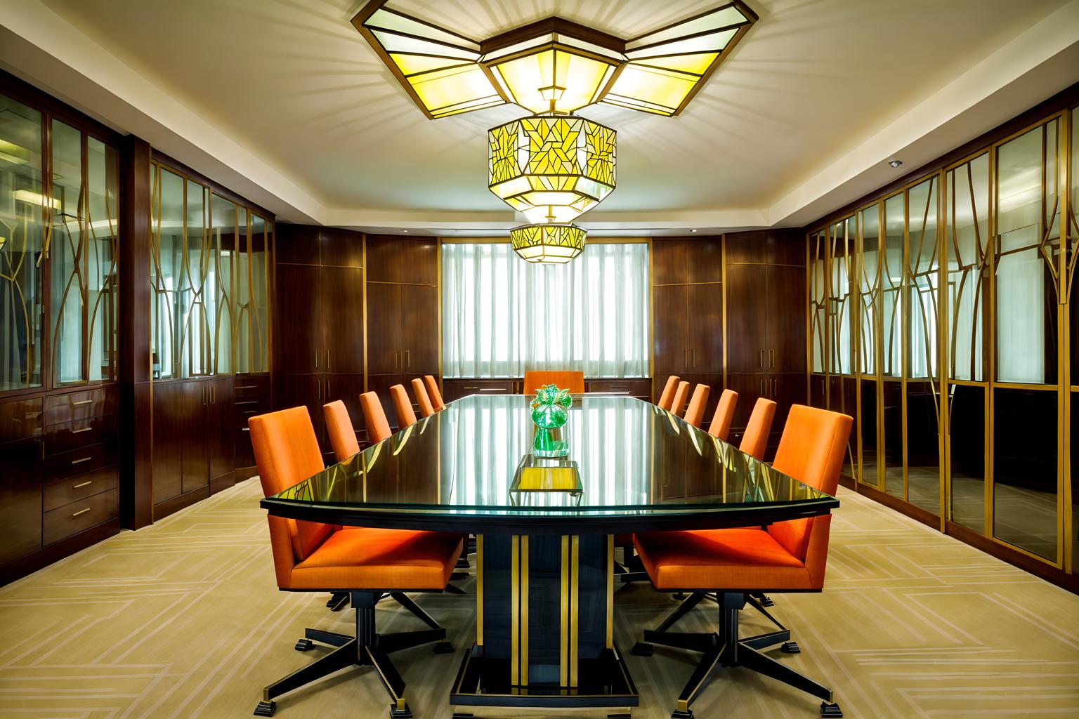 art deco-style (meeting room interior) with glass doors and glass walls and cabinets and vase and boardroom table and plant and office chairs and painting or photo on wall. . with stream-lined forms and exuberant shapes and geometric shapes and abstract patterns and bright and cheerful colors and angular shapes and rich colors and glamour. . cinematic photo, highly detailed, cinematic lighting, ultra-detailed, ultrarealistic, photorealism, 8k. art deco interior design style. masterpiece, cinematic light, ultrarealistic+, photorealistic+, 8k, raw photo, realistic, sharp focus on eyes, (symmetrical eyes), (intact eyes), hyperrealistic, highest quality, best quality, , highly detailed, masterpiece, best quality, extremely detailed 8k wallpaper, masterpiece, best quality, ultra-detailed, best shadow, detailed background, detailed face, detailed eyes, high contrast, best illumination, detailed face, dulux, caustic, dynamic angle, detailed glow. dramatic lighting. highly detailed, insanely detailed hair, symmetrical, intricate details, professionally retouched, 8k high definition. strong bokeh. award winning photo.