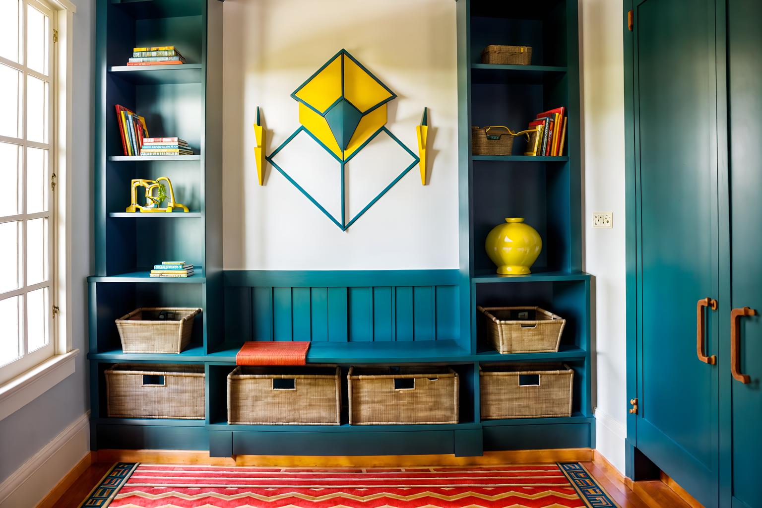 art deco-style (mudroom interior) with shelves for shoes and storage drawers and storage baskets and wall hooks for coats and high up storage and a bench and cabinets and cubbies. . with abstract patterns and exuberant shapes and stream-lined forms and bright and cheerful colors and bold geometry and glamour and angular shapes and geometric shapes. . cinematic photo, highly detailed, cinematic lighting, ultra-detailed, ultrarealistic, photorealism, 8k. art deco interior design style. masterpiece, cinematic light, ultrarealistic+, photorealistic+, 8k, raw photo, realistic, sharp focus on eyes, (symmetrical eyes), (intact eyes), hyperrealistic, highest quality, best quality, , highly detailed, masterpiece, best quality, extremely detailed 8k wallpaper, masterpiece, best quality, ultra-detailed, best shadow, detailed background, detailed face, detailed eyes, high contrast, best illumination, detailed face, dulux, caustic, dynamic angle, detailed glow. dramatic lighting. highly detailed, insanely detailed hair, symmetrical, intricate details, professionally retouched, 8k high definition. strong bokeh. award winning photo.