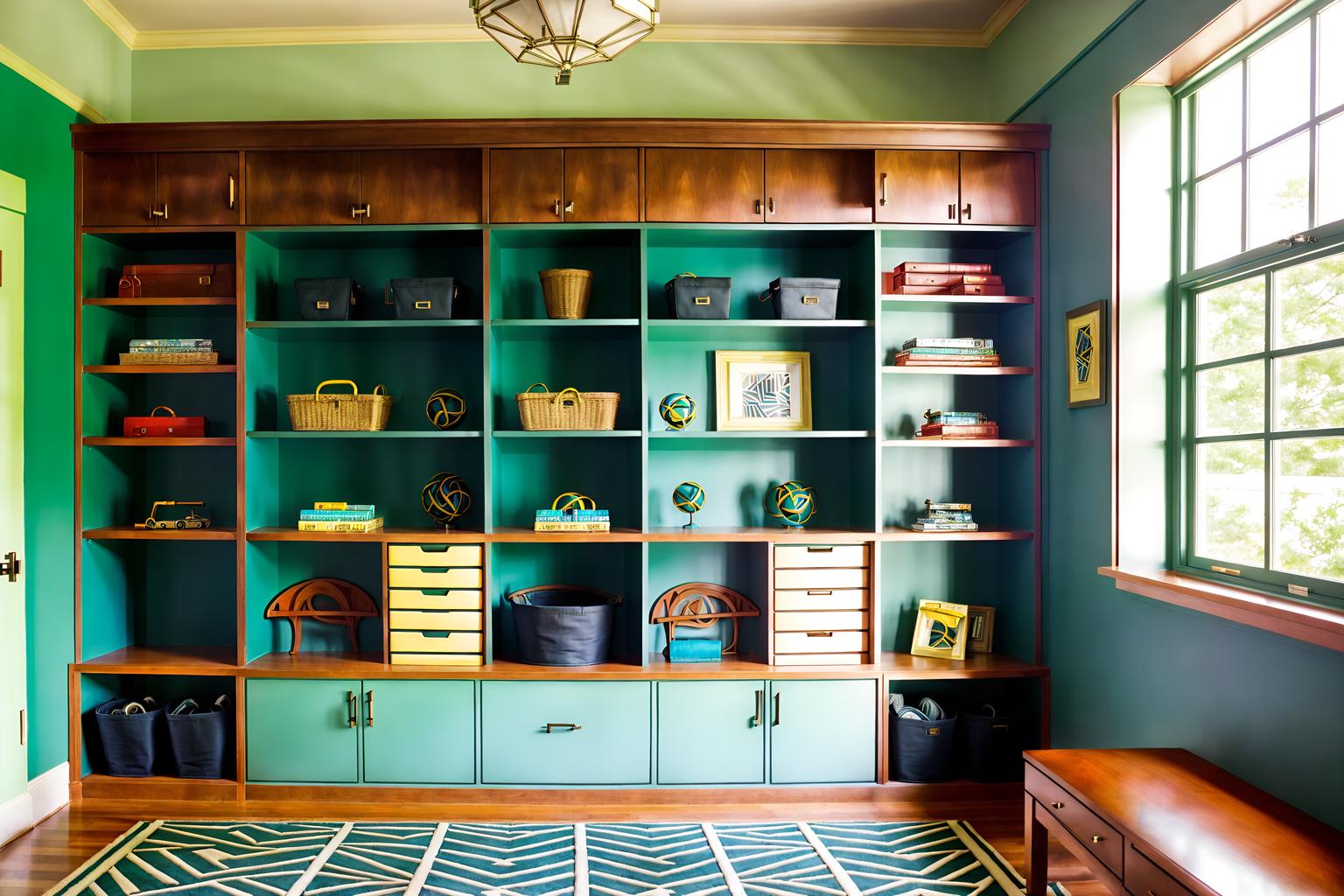 art deco-style (mudroom interior) with shelves for shoes and storage drawers and storage baskets and wall hooks for coats and high up storage and a bench and cabinets and cubbies. . with abstract patterns and exuberant shapes and stream-lined forms and bright and cheerful colors and bold geometry and glamour and angular shapes and geometric shapes. . cinematic photo, highly detailed, cinematic lighting, ultra-detailed, ultrarealistic, photorealism, 8k. art deco interior design style. masterpiece, cinematic light, ultrarealistic+, photorealistic+, 8k, raw photo, realistic, sharp focus on eyes, (symmetrical eyes), (intact eyes), hyperrealistic, highest quality, best quality, , highly detailed, masterpiece, best quality, extremely detailed 8k wallpaper, masterpiece, best quality, ultra-detailed, best shadow, detailed background, detailed face, detailed eyes, high contrast, best illumination, detailed face, dulux, caustic, dynamic angle, detailed glow. dramatic lighting. highly detailed, insanely detailed hair, symmetrical, intricate details, professionally retouched, 8k high definition. strong bokeh. award winning photo.