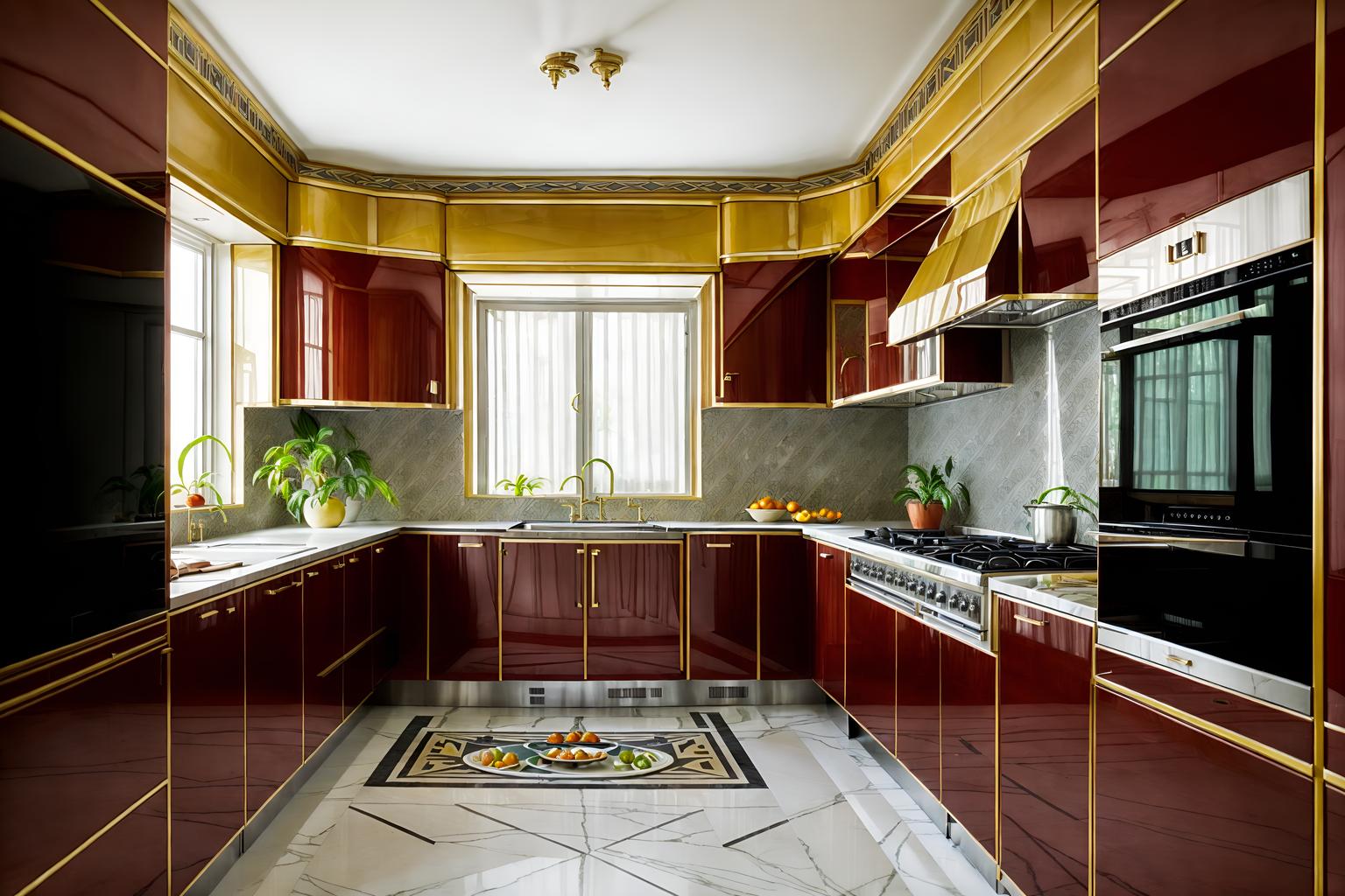 art deco-style (kitchen interior) with worktops and plant and sink and refrigerator and stove and kitchen cabinets and worktops. . with decadent detail and angular shapes and geometric lines and stream-lined forms and rich colors and luxury and symmetrical designs and bright and cheerful colors. . cinematic photo, highly detailed, cinematic lighting, ultra-detailed, ultrarealistic, photorealism, 8k. art deco interior design style. masterpiece, cinematic light, ultrarealistic+, photorealistic+, 8k, raw photo, realistic, sharp focus on eyes, (symmetrical eyes), (intact eyes), hyperrealistic, highest quality, best quality, , highly detailed, masterpiece, best quality, extremely detailed 8k wallpaper, masterpiece, best quality, ultra-detailed, best shadow, detailed background, detailed face, detailed eyes, high contrast, best illumination, detailed face, dulux, caustic, dynamic angle, detailed glow. dramatic lighting. highly detailed, insanely detailed hair, symmetrical, intricate details, professionally retouched, 8k high definition. strong bokeh. award winning photo.