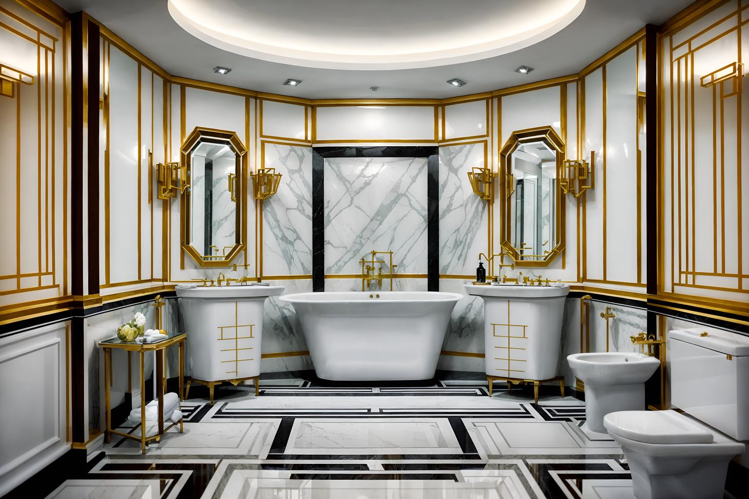 art deco-style (hotel bathroom interior) with mirror and bathroom sink with faucet and waste basket and bath rail and bathroom cabinet and shower and toilet seat and bath towel. . with angular shapes and glamour and luxury and geometric shapes and geometric lines and smooth lines and exuberant shapes and abstract patterns. . cinematic photo, highly detailed, cinematic lighting, ultra-detailed, ultrarealistic, photorealism, 8k. art deco interior design style. masterpiece, cinematic light, ultrarealistic+, photorealistic+, 8k, raw photo, realistic, sharp focus on eyes, (symmetrical eyes), (intact eyes), hyperrealistic, highest quality, best quality, , highly detailed, masterpiece, best quality, extremely detailed 8k wallpaper, masterpiece, best quality, ultra-detailed, best shadow, detailed background, detailed face, detailed eyes, high contrast, best illumination, detailed face, dulux, caustic, dynamic angle, detailed glow. dramatic lighting. highly detailed, insanely detailed hair, symmetrical, intricate details, professionally retouched, 8k high definition. strong bokeh. award winning photo.