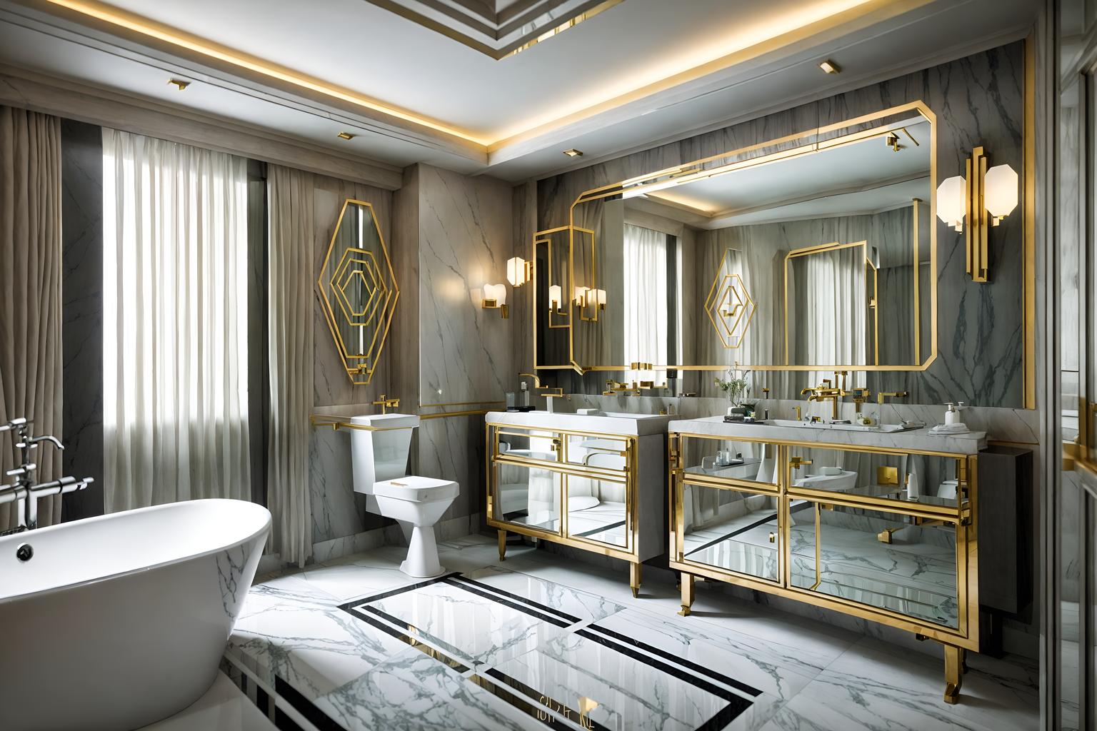 art deco-style (hotel bathroom interior) with mirror and bathroom sink with faucet and waste basket and bath rail and bathroom cabinet and shower and toilet seat and bath towel. . with angular shapes and glamour and luxury and geometric shapes and geometric lines and smooth lines and exuberant shapes and abstract patterns. . cinematic photo, highly detailed, cinematic lighting, ultra-detailed, ultrarealistic, photorealism, 8k. art deco interior design style. masterpiece, cinematic light, ultrarealistic+, photorealistic+, 8k, raw photo, realistic, sharp focus on eyes, (symmetrical eyes), (intact eyes), hyperrealistic, highest quality, best quality, , highly detailed, masterpiece, best quality, extremely detailed 8k wallpaper, masterpiece, best quality, ultra-detailed, best shadow, detailed background, detailed face, detailed eyes, high contrast, best illumination, detailed face, dulux, caustic, dynamic angle, detailed glow. dramatic lighting. highly detailed, insanely detailed hair, symmetrical, intricate details, professionally retouched, 8k high definition. strong bokeh. award winning photo.