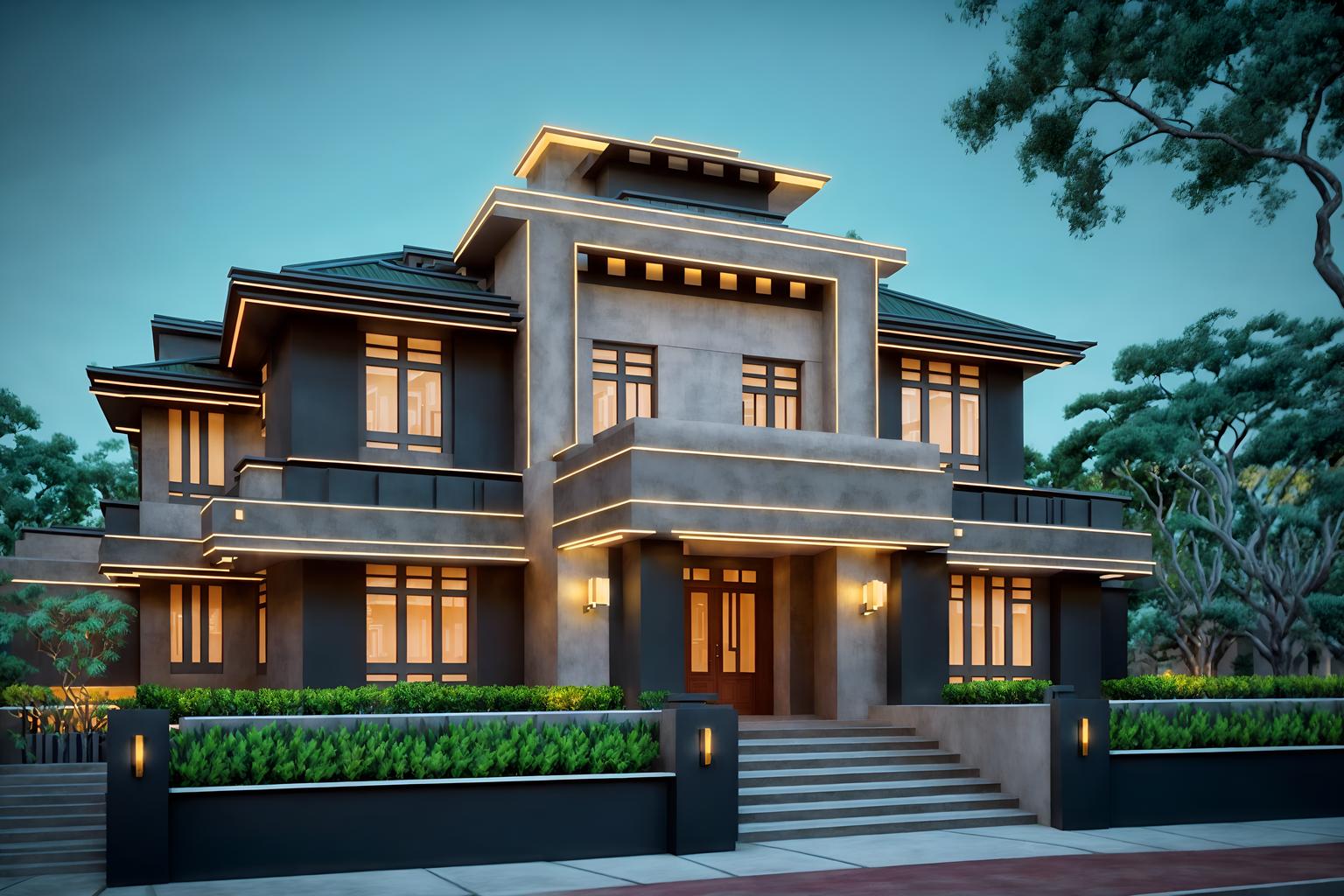 art deco-style exterior designed (house exterior exterior) . with rich colors and angular shapes and geometric shapes and bold geometry and stream-lined forms and glamour and abstract patterns and geometric lines. . cinematic photo, highly detailed, cinematic lighting, ultra-detailed, ultrarealistic, photorealism, 8k. art deco exterior design style. masterpiece, cinematic light, ultrarealistic+, photorealistic+, 8k, raw photo, realistic, sharp focus on eyes, (symmetrical eyes), (intact eyes), hyperrealistic, highest quality, best quality, , highly detailed, masterpiece, best quality, extremely detailed 8k wallpaper, masterpiece, best quality, ultra-detailed, best shadow, detailed background, detailed face, detailed eyes, high contrast, best illumination, detailed face, dulux, caustic, dynamic angle, detailed glow. dramatic lighting. highly detailed, insanely detailed hair, symmetrical, intricate details, professionally retouched, 8k high definition. strong bokeh. award winning photo.