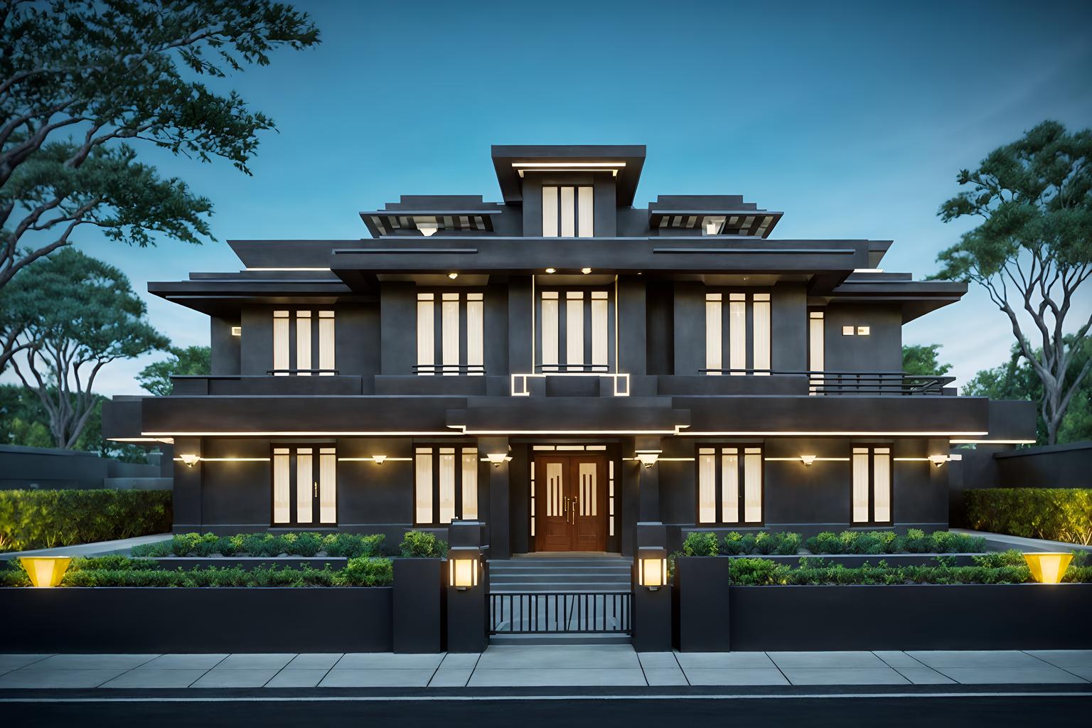 art deco-style exterior designed (house exterior exterior) . with rich colors and angular shapes and geometric shapes and bold geometry and stream-lined forms and glamour and abstract patterns and geometric lines. . cinematic photo, highly detailed, cinematic lighting, ultra-detailed, ultrarealistic, photorealism, 8k. art deco exterior design style. masterpiece, cinematic light, ultrarealistic+, photorealistic+, 8k, raw photo, realistic, sharp focus on eyes, (symmetrical eyes), (intact eyes), hyperrealistic, highest quality, best quality, , highly detailed, masterpiece, best quality, extremely detailed 8k wallpaper, masterpiece, best quality, ultra-detailed, best shadow, detailed background, detailed face, detailed eyes, high contrast, best illumination, detailed face, dulux, caustic, dynamic angle, detailed glow. dramatic lighting. highly detailed, insanely detailed hair, symmetrical, intricate details, professionally retouched, 8k high definition. strong bokeh. award winning photo.