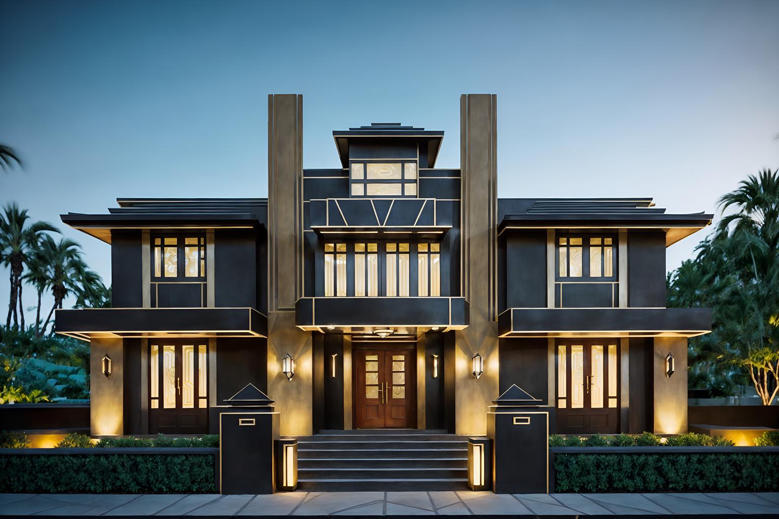 art deco-style exterior designed (house exterior exterior) . with rich colors and angular shapes and geometric shapes and bold geometry and stream-lined forms and glamour and abstract patterns and geometric lines. . cinematic photo, highly detailed, cinematic lighting, ultra-detailed, ultrarealistic, photorealism, 8k. art deco exterior design style. masterpiece, cinematic light, ultrarealistic+, photorealistic+, 8k, raw photo, realistic, sharp focus on eyes, (symmetrical eyes), (intact eyes), hyperrealistic, highest quality, best quality, , highly detailed, masterpiece, best quality, extremely detailed 8k wallpaper, masterpiece, best quality, ultra-detailed, best shadow, detailed background, detailed face, detailed eyes, high contrast, best illumination, detailed face, dulux, caustic, dynamic angle, detailed glow. dramatic lighting. highly detailed, insanely detailed hair, symmetrical, intricate details, professionally retouched, 8k high definition. strong bokeh. award winning photo.