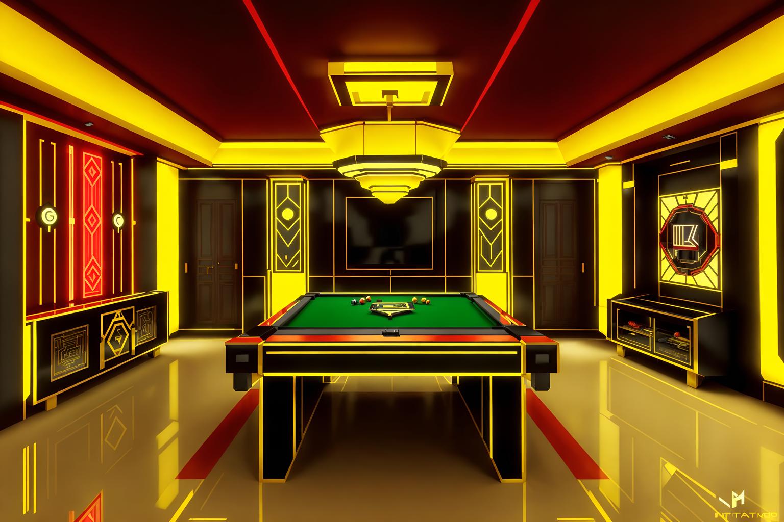 art deco-style (gaming room interior) . with bright and cheerful colors and angular shapes and bold geometry and symmetrical designs and glamour and decadent detail and rich colors and smooth lines. . cinematic photo, highly detailed, cinematic lighting, ultra-detailed, ultrarealistic, photorealism, 8k. art deco interior design style. masterpiece, cinematic light, ultrarealistic+, photorealistic+, 8k, raw photo, realistic, sharp focus on eyes, (symmetrical eyes), (intact eyes), hyperrealistic, highest quality, best quality, , highly detailed, masterpiece, best quality, extremely detailed 8k wallpaper, masterpiece, best quality, ultra-detailed, best shadow, detailed background, detailed face, detailed eyes, high contrast, best illumination, detailed face, dulux, caustic, dynamic angle, detailed glow. dramatic lighting. highly detailed, insanely detailed hair, symmetrical, intricate details, professionally retouched, 8k high definition. strong bokeh. award winning photo.