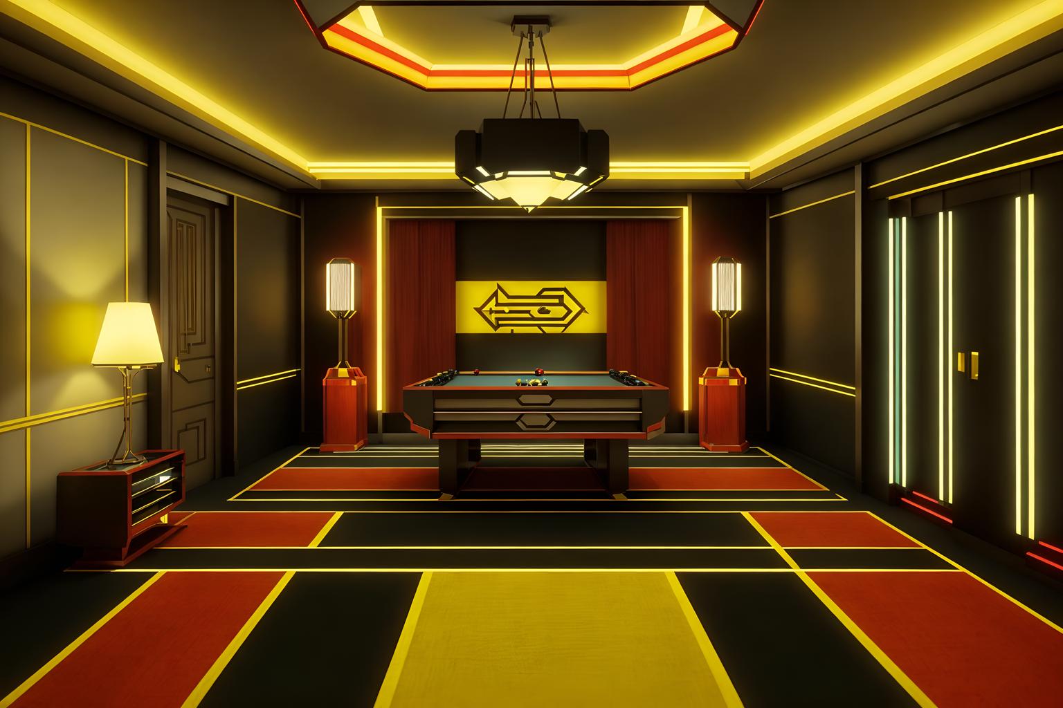 art deco-style (gaming room interior) . with bright and cheerful colors and angular shapes and bold geometry and symmetrical designs and glamour and decadent detail and rich colors and smooth lines. . cinematic photo, highly detailed, cinematic lighting, ultra-detailed, ultrarealistic, photorealism, 8k. art deco interior design style. masterpiece, cinematic light, ultrarealistic+, photorealistic+, 8k, raw photo, realistic, sharp focus on eyes, (symmetrical eyes), (intact eyes), hyperrealistic, highest quality, best quality, , highly detailed, masterpiece, best quality, extremely detailed 8k wallpaper, masterpiece, best quality, ultra-detailed, best shadow, detailed background, detailed face, detailed eyes, high contrast, best illumination, detailed face, dulux, caustic, dynamic angle, detailed glow. dramatic lighting. highly detailed, insanely detailed hair, symmetrical, intricate details, professionally retouched, 8k high definition. strong bokeh. award winning photo.