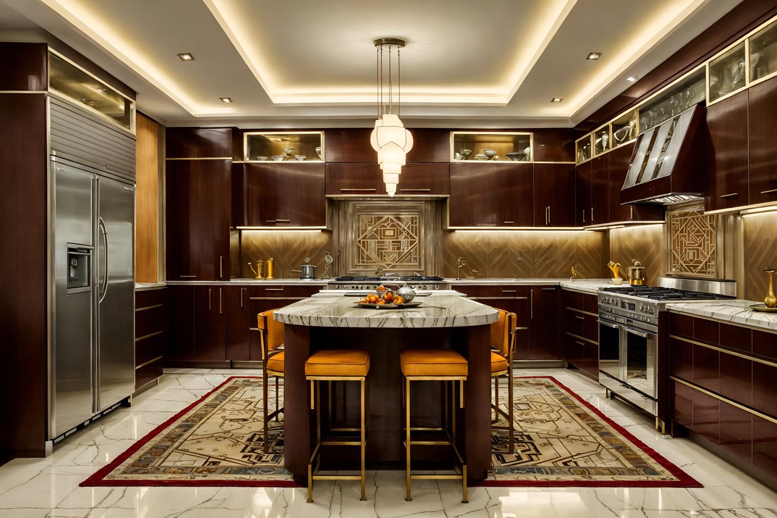 art deco-style (kitchen living combo interior) with kitchen cabinets and stove and bookshelves and televisions and rug and chairs and sink and furniture. . with bold geometry and abstract patterns and luxury and rich colors and glamour and decadent detail and angular shapes and symmetrical designs. . cinematic photo, highly detailed, cinematic lighting, ultra-detailed, ultrarealistic, photorealism, 8k. art deco interior design style. masterpiece, cinematic light, ultrarealistic+, photorealistic+, 8k, raw photo, realistic, sharp focus on eyes, (symmetrical eyes), (intact eyes), hyperrealistic, highest quality, best quality, , highly detailed, masterpiece, best quality, extremely detailed 8k wallpaper, masterpiece, best quality, ultra-detailed, best shadow, detailed background, detailed face, detailed eyes, high contrast, best illumination, detailed face, dulux, caustic, dynamic angle, detailed glow. dramatic lighting. highly detailed, insanely detailed hair, symmetrical, intricate details, professionally retouched, 8k high definition. strong bokeh. award winning photo.