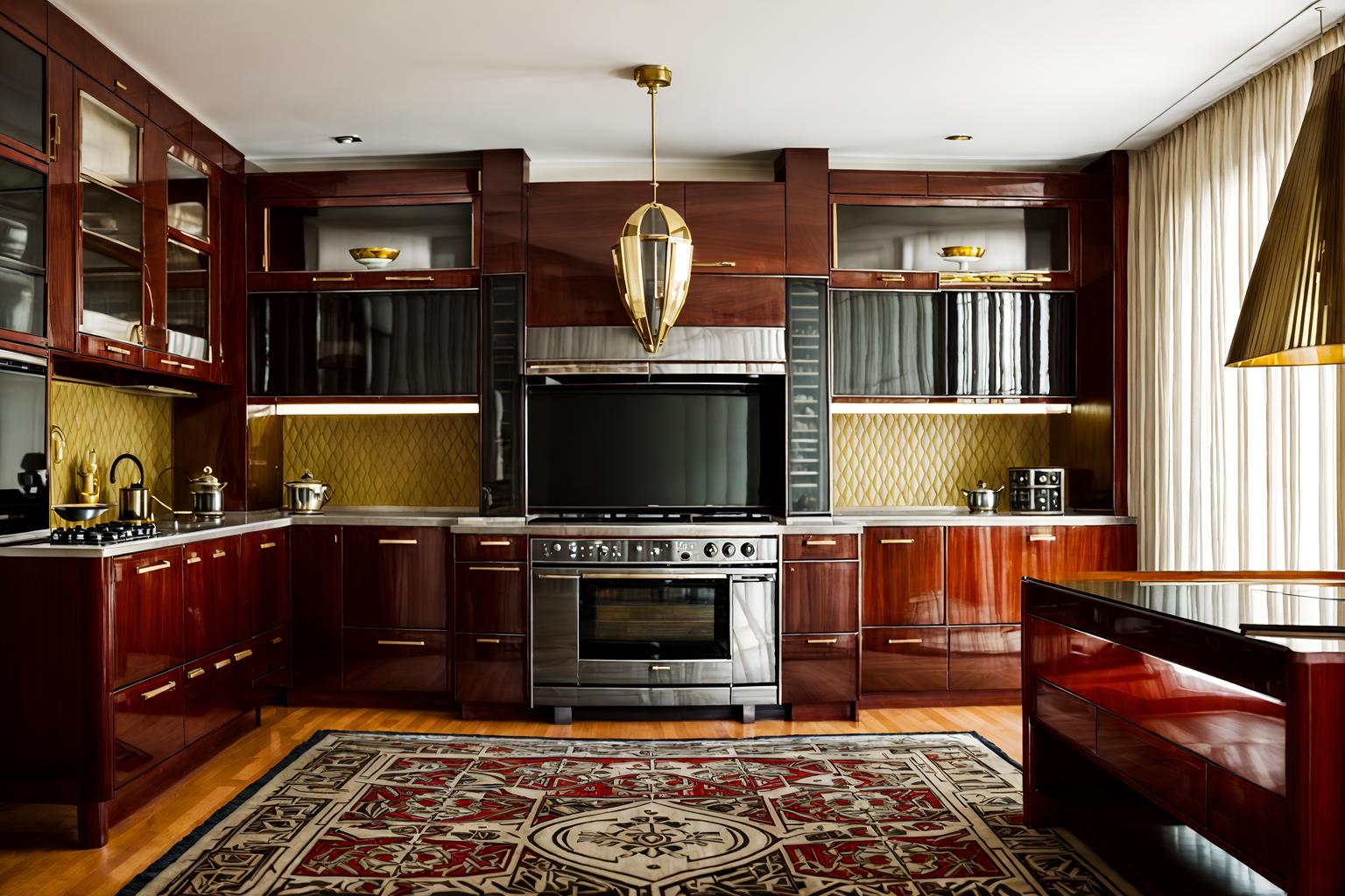 art deco-style (kitchen living combo interior) with kitchen cabinets and stove and bookshelves and televisions and rug and chairs and sink and furniture. . with bold geometry and abstract patterns and luxury and rich colors and glamour and decadent detail and angular shapes and symmetrical designs. . cinematic photo, highly detailed, cinematic lighting, ultra-detailed, ultrarealistic, photorealism, 8k. art deco interior design style. masterpiece, cinematic light, ultrarealistic+, photorealistic+, 8k, raw photo, realistic, sharp focus on eyes, (symmetrical eyes), (intact eyes), hyperrealistic, highest quality, best quality, , highly detailed, masterpiece, best quality, extremely detailed 8k wallpaper, masterpiece, best quality, ultra-detailed, best shadow, detailed background, detailed face, detailed eyes, high contrast, best illumination, detailed face, dulux, caustic, dynamic angle, detailed glow. dramatic lighting. highly detailed, insanely detailed hair, symmetrical, intricate details, professionally retouched, 8k high definition. strong bokeh. award winning photo.