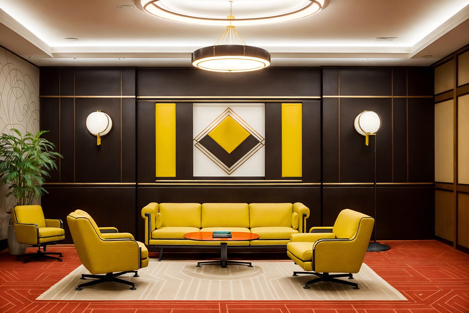 art deco-style (coworking space interior) with office chairs and seating area with sofa and office desks and lounge chairs and office chairs. . with bright and cheerful colors and glamour and smooth lines and geometric shapes and angular shapes and bold geometry and rich colors and symmetrical designs. . cinematic photo, highly detailed, cinematic lighting, ultra-detailed, ultrarealistic, photorealism, 8k. art deco interior design style. masterpiece, cinematic light, ultrarealistic+, photorealistic+, 8k, raw photo, realistic, sharp focus on eyes, (symmetrical eyes), (intact eyes), hyperrealistic, highest quality, best quality, , highly detailed, masterpiece, best quality, extremely detailed 8k wallpaper, masterpiece, best quality, ultra-detailed, best shadow, detailed background, detailed face, detailed eyes, high contrast, best illumination, detailed face, dulux, caustic, dynamic angle, detailed glow. dramatic lighting. highly detailed, insanely detailed hair, symmetrical, intricate details, professionally retouched, 8k high definition. strong bokeh. award winning photo.