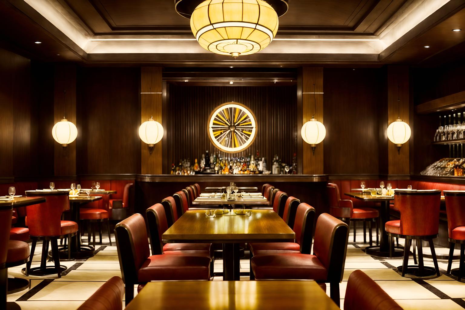 art deco-style (restaurant interior) with restaurant bar and restaurant dining tables and restaurant chairs and restaurant decor and restaurant bar. . with exuberant shapes and geometric shapes and bright and cheerful colors and abstract patterns and smooth lines and angular shapes and bold geometry and luxury. . cinematic photo, highly detailed, cinematic lighting, ultra-detailed, ultrarealistic, photorealism, 8k. art deco interior design style. masterpiece, cinematic light, ultrarealistic+, photorealistic+, 8k, raw photo, realistic, sharp focus on eyes, (symmetrical eyes), (intact eyes), hyperrealistic, highest quality, best quality, , highly detailed, masterpiece, best quality, extremely detailed 8k wallpaper, masterpiece, best quality, ultra-detailed, best shadow, detailed background, detailed face, detailed eyes, high contrast, best illumination, detailed face, dulux, caustic, dynamic angle, detailed glow. dramatic lighting. highly detailed, insanely detailed hair, symmetrical, intricate details, professionally retouched, 8k high definition. strong bokeh. award winning photo.