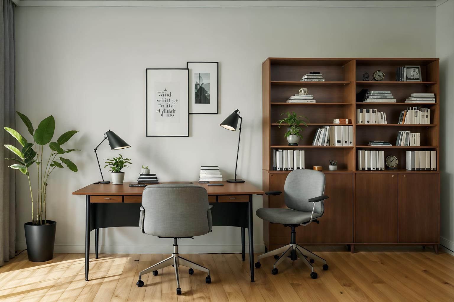 simple-style (study room interior) with bookshelves and desk lamp and office chair and plant and cabinets and lounge chair and writing desk and bookshelves. . . cinematic photo, highly detailed, cinematic lighting, ultra-detailed, ultrarealistic, photorealism, 8k. simple interior design style. masterpiece, cinematic light, ultrarealistic+, photorealistic+, 8k, raw photo, realistic, sharp focus on eyes, (symmetrical eyes), (intact eyes), hyperrealistic, highest quality, best quality, , highly detailed, masterpiece, best quality, extremely detailed 8k wallpaper, masterpiece, best quality, ultra-detailed, best shadow, detailed background, detailed face, detailed eyes, high contrast, best illumination, detailed face, dulux, caustic, dynamic angle, detailed glow. dramatic lighting. highly detailed, insanely detailed hair, symmetrical, intricate details, professionally retouched, 8k high definition. strong bokeh. award winning photo.