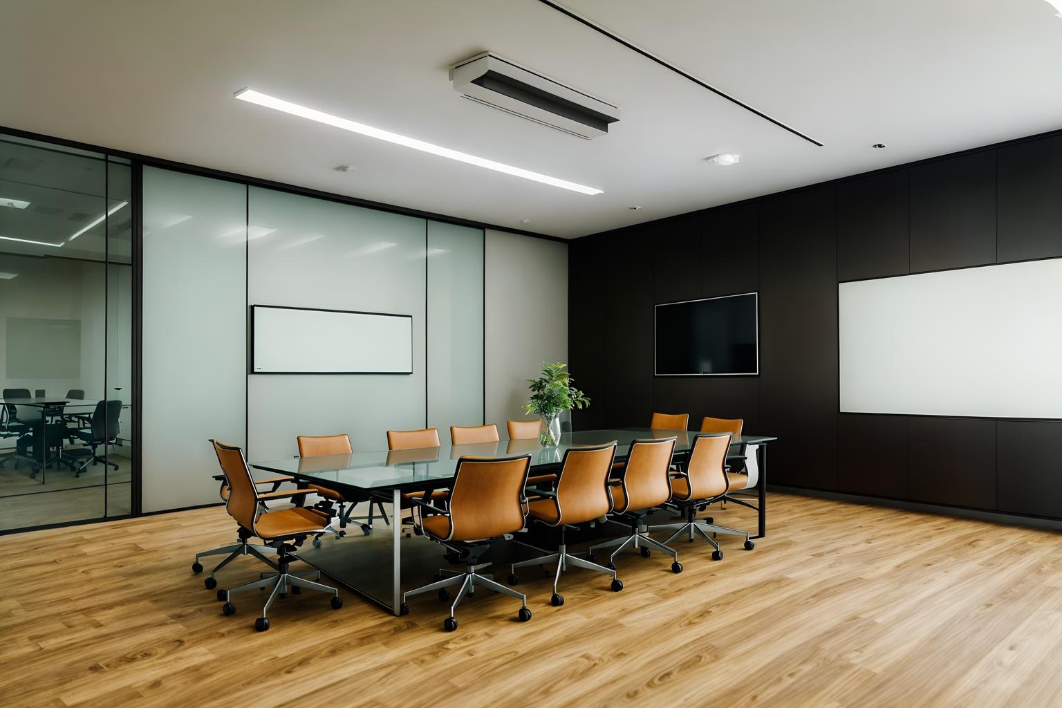 simple-style (meeting room interior) with boardroom table and plant and vase and glass walls and painting or photo on wall and glass doors and office chairs and cabinets. . . cinematic photo, highly detailed, cinematic lighting, ultra-detailed, ultrarealistic, photorealism, 8k. simple interior design style. masterpiece, cinematic light, ultrarealistic+, photorealistic+, 8k, raw photo, realistic, sharp focus on eyes, (symmetrical eyes), (intact eyes), hyperrealistic, highest quality, best quality, , highly detailed, masterpiece, best quality, extremely detailed 8k wallpaper, masterpiece, best quality, ultra-detailed, best shadow, detailed background, detailed face, detailed eyes, high contrast, best illumination, detailed face, dulux, caustic, dynamic angle, detailed glow. dramatic lighting. highly detailed, insanely detailed hair, symmetrical, intricate details, professionally retouched, 8k high definition. strong bokeh. award winning photo.