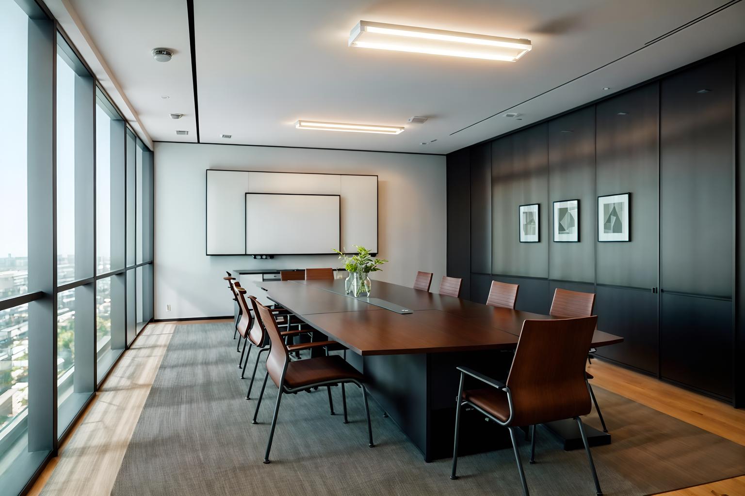 simple-style (meeting room interior) with boardroom table and plant and vase and glass walls and painting or photo on wall and glass doors and office chairs and cabinets. . . cinematic photo, highly detailed, cinematic lighting, ultra-detailed, ultrarealistic, photorealism, 8k. simple interior design style. masterpiece, cinematic light, ultrarealistic+, photorealistic+, 8k, raw photo, realistic, sharp focus on eyes, (symmetrical eyes), (intact eyes), hyperrealistic, highest quality, best quality, , highly detailed, masterpiece, best quality, extremely detailed 8k wallpaper, masterpiece, best quality, ultra-detailed, best shadow, detailed background, detailed face, detailed eyes, high contrast, best illumination, detailed face, dulux, caustic, dynamic angle, detailed glow. dramatic lighting. highly detailed, insanely detailed hair, symmetrical, intricate details, professionally retouched, 8k high definition. strong bokeh. award winning photo.