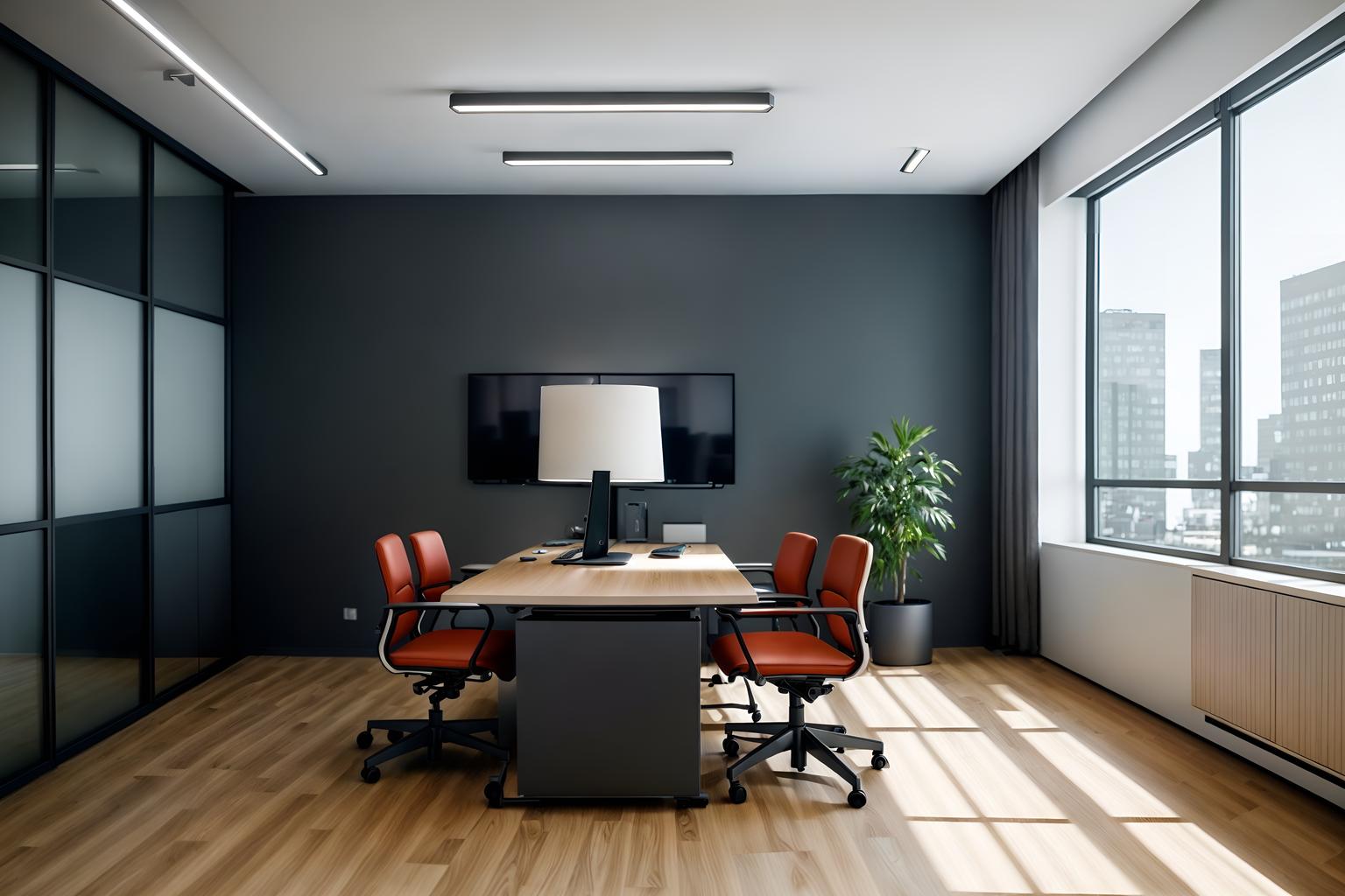 simple-style (office interior) with cabinets and office desks and desk lamps and office chairs and seating area with sofa and computer desks and lounge chairs and windows. . . cinematic photo, highly detailed, cinematic lighting, ultra-detailed, ultrarealistic, photorealism, 8k. simple interior design style. masterpiece, cinematic light, ultrarealistic+, photorealistic+, 8k, raw photo, realistic, sharp focus on eyes, (symmetrical eyes), (intact eyes), hyperrealistic, highest quality, best quality, , highly detailed, masterpiece, best quality, extremely detailed 8k wallpaper, masterpiece, best quality, ultra-detailed, best shadow, detailed background, detailed face, detailed eyes, high contrast, best illumination, detailed face, dulux, caustic, dynamic angle, detailed glow. dramatic lighting. highly detailed, insanely detailed hair, symmetrical, intricate details, professionally retouched, 8k high definition. strong bokeh. award winning photo.