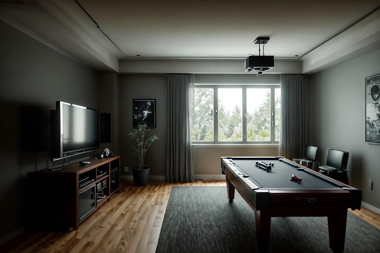 simple-style (gaming room interior) . . cinematic photo, highly detailed, cinematic lighting, ultra-detailed, ultrarealistic, photorealism, 8k. simple interior design style. masterpiece, cinematic light, ultrarealistic+, photorealistic+, 8k, raw photo, realistic, sharp focus on eyes, (symmetrical eyes), (intact eyes), hyperrealistic, highest quality, best quality, , highly detailed, masterpiece, best quality, extremely detailed 8k wallpaper, masterpiece, best quality, ultra-detailed, best shadow, detailed background, detailed face, detailed eyes, high contrast, best illumination, detailed face, dulux, caustic, dynamic angle, detailed glow. dramatic lighting. highly detailed, insanely detailed hair, symmetrical, intricate details, professionally retouched, 8k high definition. strong bokeh. award winning photo.