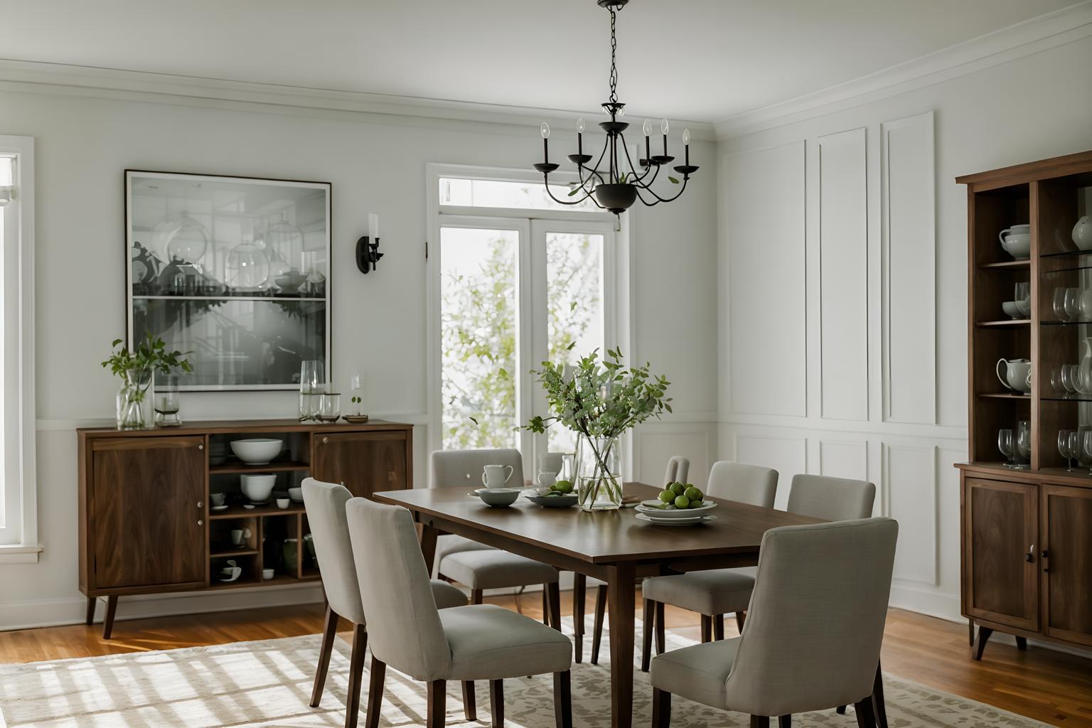 simple-style (dining room interior) with plates, cutlery and glasses on dining table and bookshelves and dining table and painting or photo on wall and vase and plant and light or chandelier and table cloth. . . cinematic photo, highly detailed, cinematic lighting, ultra-detailed, ultrarealistic, photorealism, 8k. simple interior design style. masterpiece, cinematic light, ultrarealistic+, photorealistic+, 8k, raw photo, realistic, sharp focus on eyes, (symmetrical eyes), (intact eyes), hyperrealistic, highest quality, best quality, , highly detailed, masterpiece, best quality, extremely detailed 8k wallpaper, masterpiece, best quality, ultra-detailed, best shadow, detailed background, detailed face, detailed eyes, high contrast, best illumination, detailed face, dulux, caustic, dynamic angle, detailed glow. dramatic lighting. highly detailed, insanely detailed hair, symmetrical, intricate details, professionally retouched, 8k high definition. strong bokeh. award winning photo.