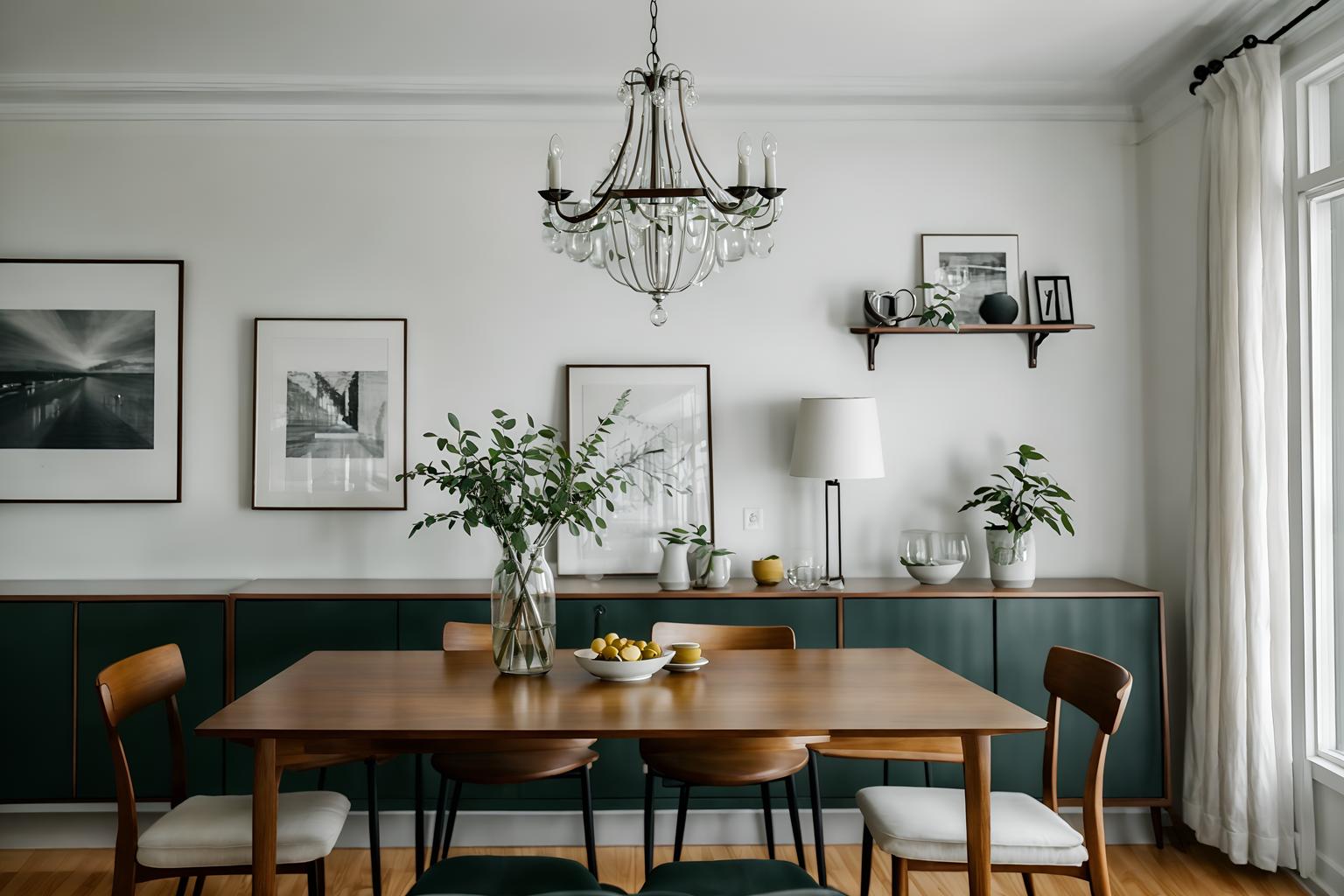 simple-style (dining room interior) with plates, cutlery and glasses on dining table and bookshelves and dining table and painting or photo on wall and vase and plant and light or chandelier and table cloth. . . cinematic photo, highly detailed, cinematic lighting, ultra-detailed, ultrarealistic, photorealism, 8k. simple interior design style. masterpiece, cinematic light, ultrarealistic+, photorealistic+, 8k, raw photo, realistic, sharp focus on eyes, (symmetrical eyes), (intact eyes), hyperrealistic, highest quality, best quality, , highly detailed, masterpiece, best quality, extremely detailed 8k wallpaper, masterpiece, best quality, ultra-detailed, best shadow, detailed background, detailed face, detailed eyes, high contrast, best illumination, detailed face, dulux, caustic, dynamic angle, detailed glow. dramatic lighting. highly detailed, insanely detailed hair, symmetrical, intricate details, professionally retouched, 8k high definition. strong bokeh. award winning photo.