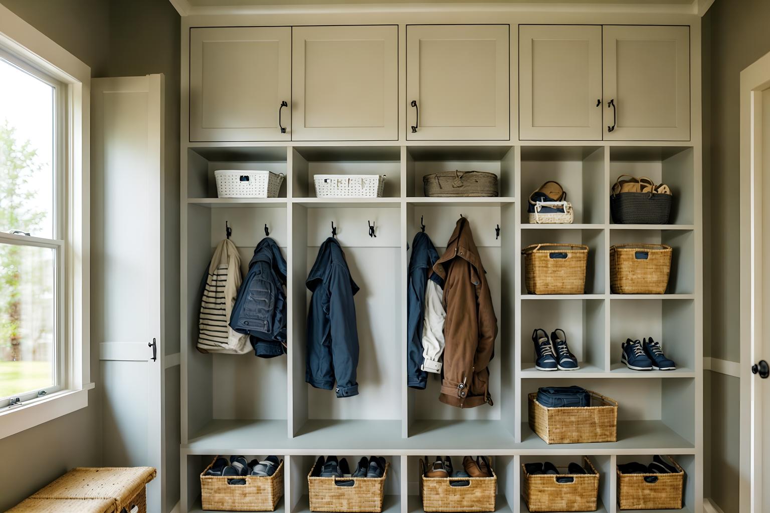 simple-style (mudroom interior) with cubbies and storage baskets and wall hooks for coats and a bench and shelves for shoes and high up storage and cabinets and storage drawers. . . cinematic photo, highly detailed, cinematic lighting, ultra-detailed, ultrarealistic, photorealism, 8k. simple interior design style. masterpiece, cinematic light, ultrarealistic+, photorealistic+, 8k, raw photo, realistic, sharp focus on eyes, (symmetrical eyes), (intact eyes), hyperrealistic, highest quality, best quality, , highly detailed, masterpiece, best quality, extremely detailed 8k wallpaper, masterpiece, best quality, ultra-detailed, best shadow, detailed background, detailed face, detailed eyes, high contrast, best illumination, detailed face, dulux, caustic, dynamic angle, detailed glow. dramatic lighting. highly detailed, insanely detailed hair, symmetrical, intricate details, professionally retouched, 8k high definition. strong bokeh. award winning photo.