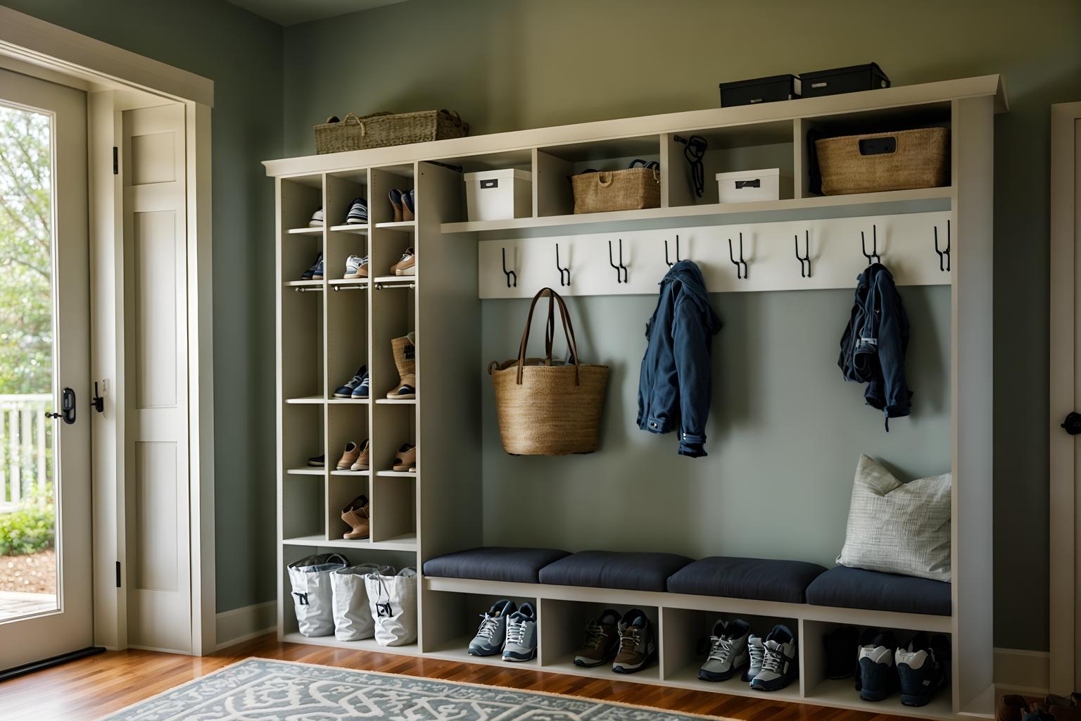 simple-style (mudroom interior) with cubbies and storage baskets and wall hooks for coats and a bench and shelves for shoes and high up storage and cabinets and storage drawers. . . cinematic photo, highly detailed, cinematic lighting, ultra-detailed, ultrarealistic, photorealism, 8k. simple interior design style. masterpiece, cinematic light, ultrarealistic+, photorealistic+, 8k, raw photo, realistic, sharp focus on eyes, (symmetrical eyes), (intact eyes), hyperrealistic, highest quality, best quality, , highly detailed, masterpiece, best quality, extremely detailed 8k wallpaper, masterpiece, best quality, ultra-detailed, best shadow, detailed background, detailed face, detailed eyes, high contrast, best illumination, detailed face, dulux, caustic, dynamic angle, detailed glow. dramatic lighting. highly detailed, insanely detailed hair, symmetrical, intricate details, professionally retouched, 8k high definition. strong bokeh. award winning photo.